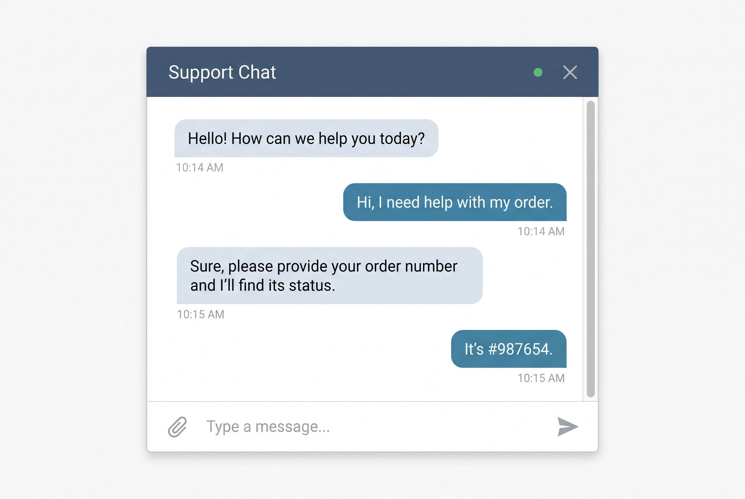 A chat window on a web page showing a user question and an automated reply.