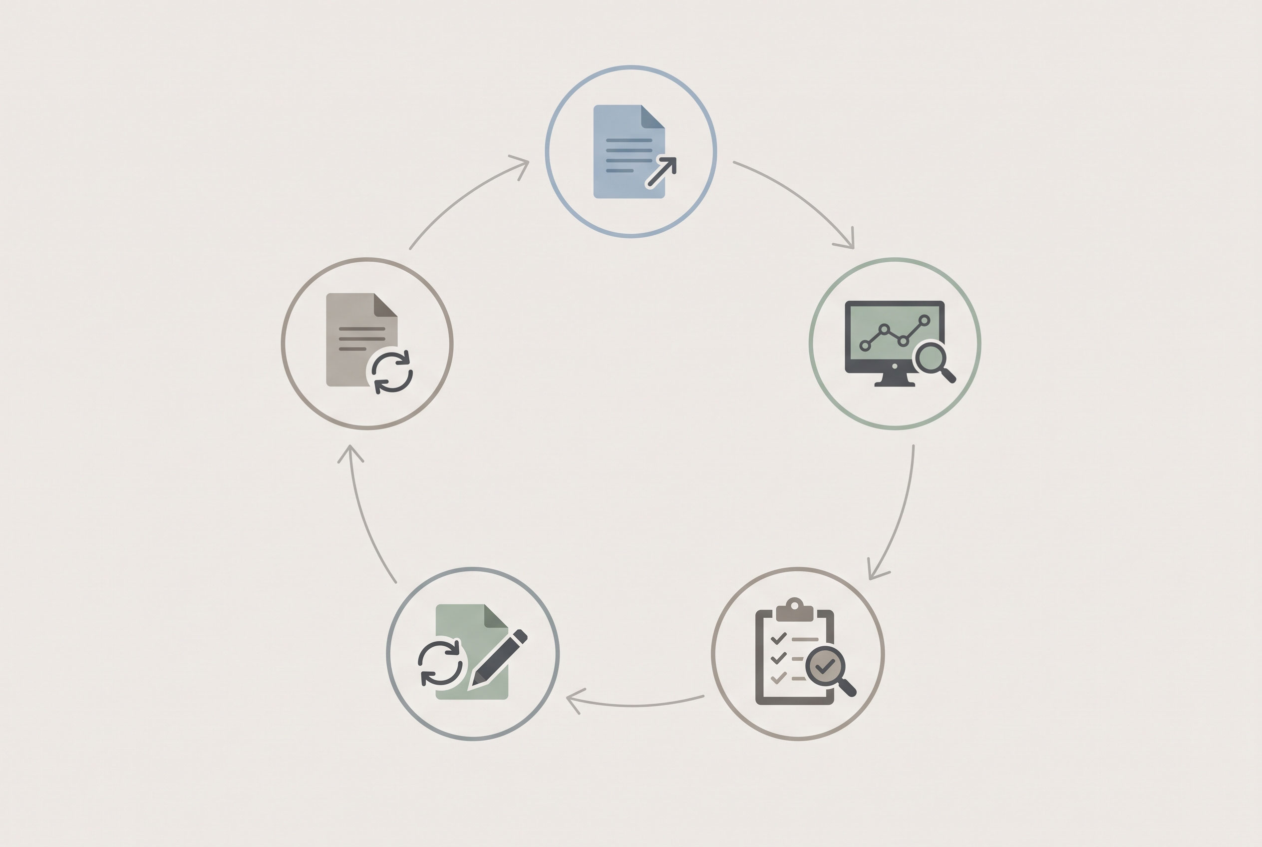 A circular flow diagram showing the stages of reviewing and updating published content.