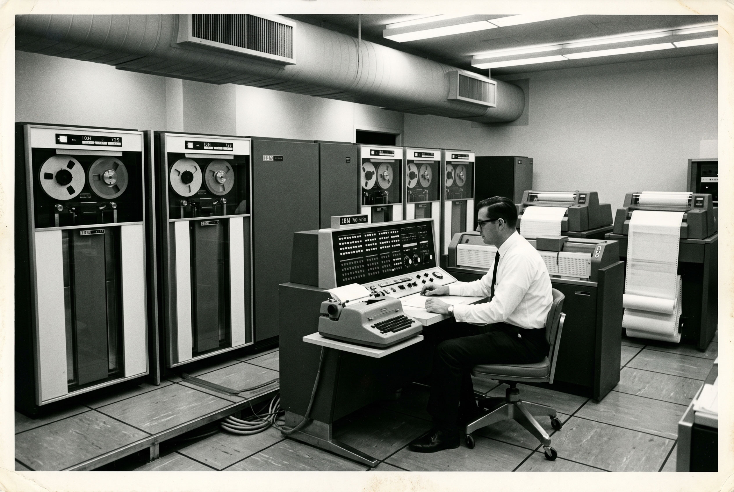 A large vintage mainframe computer with reel-to-reel tape drives from the mid-20th century.