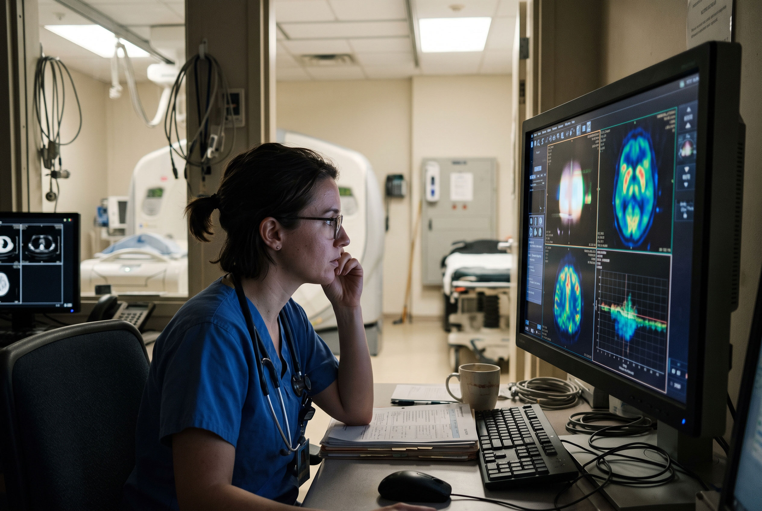 A radiology technician reviewing medical scan images on a computer monitor