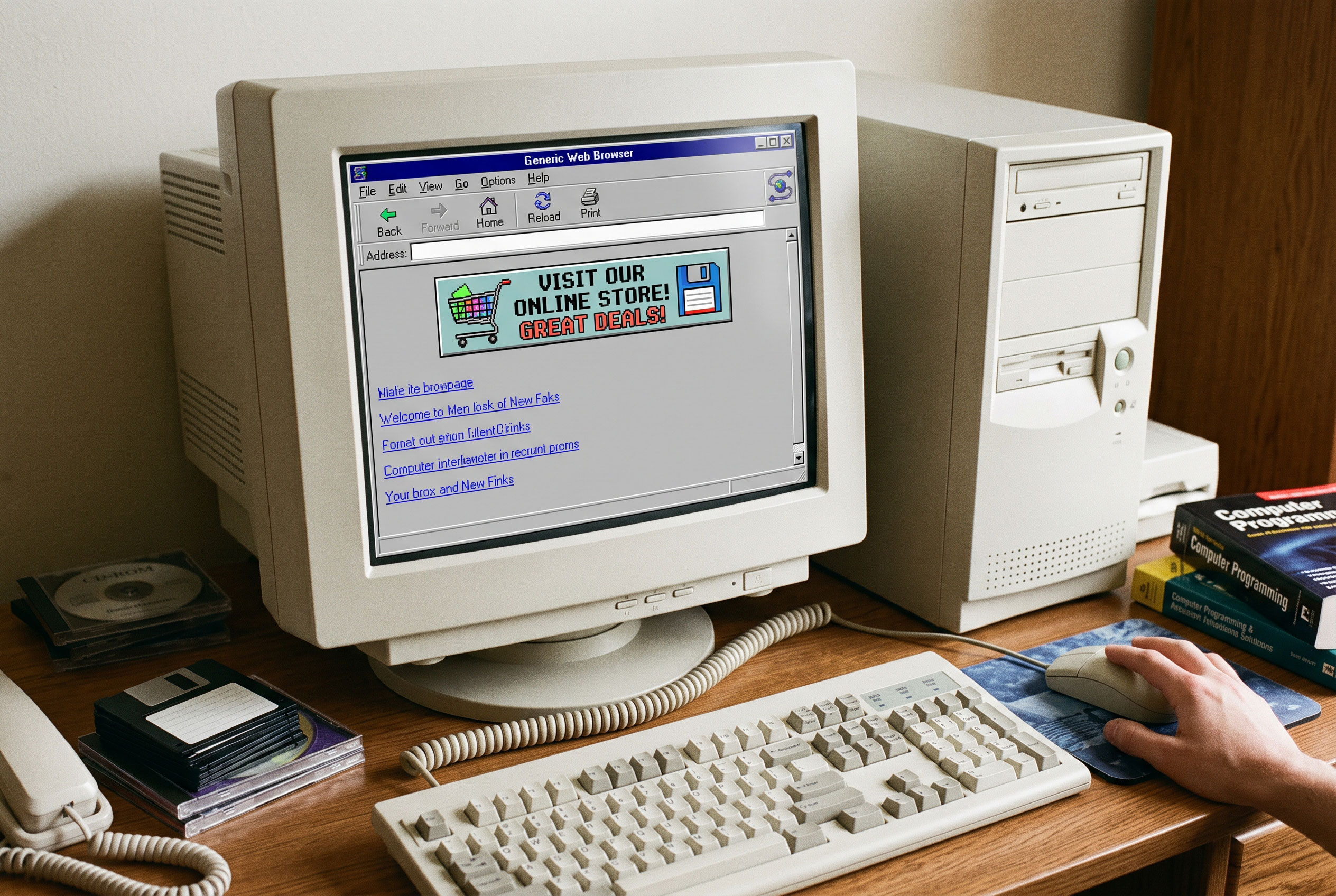 A vintage computer monitor displaying a simple webpage with a banner advertisement.