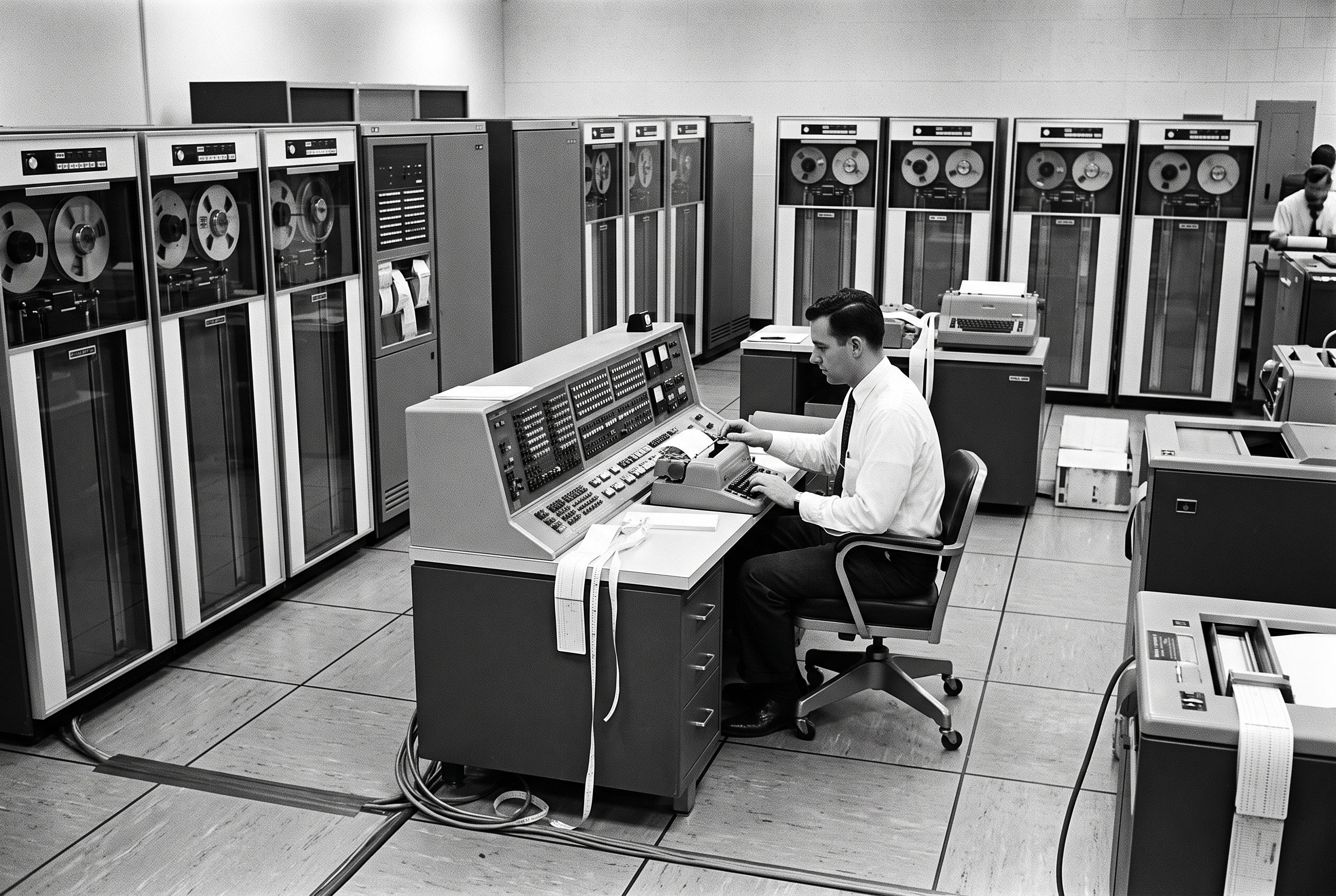 Black-and-white photo of a 1950s computer room with equipment cabinets and an operator at a console.