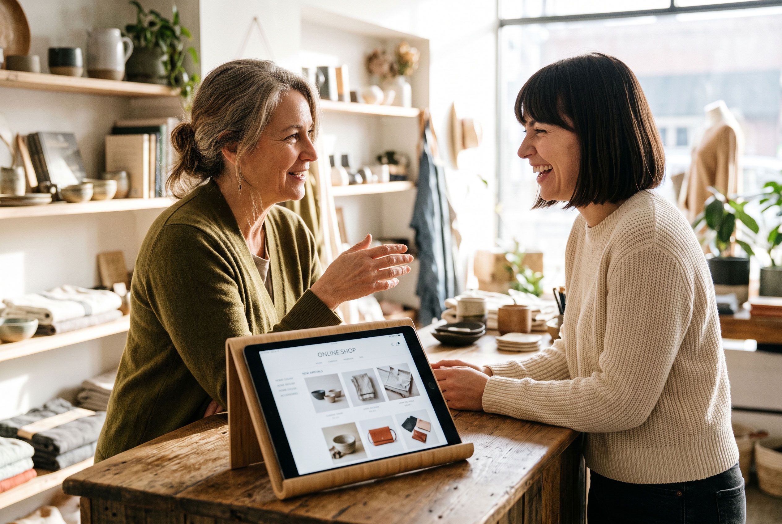 Boutique owner talking with a customer at the counter next to a tablet showing an online store