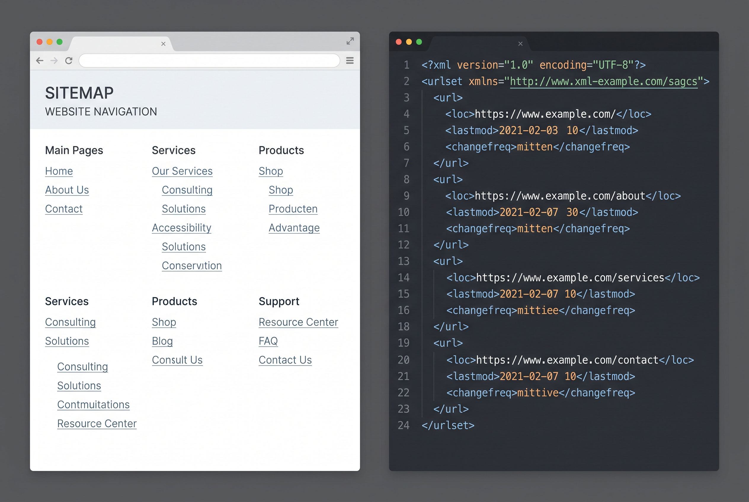 Browser window with a categorized list of page links beside a code window showing XML URL entries.