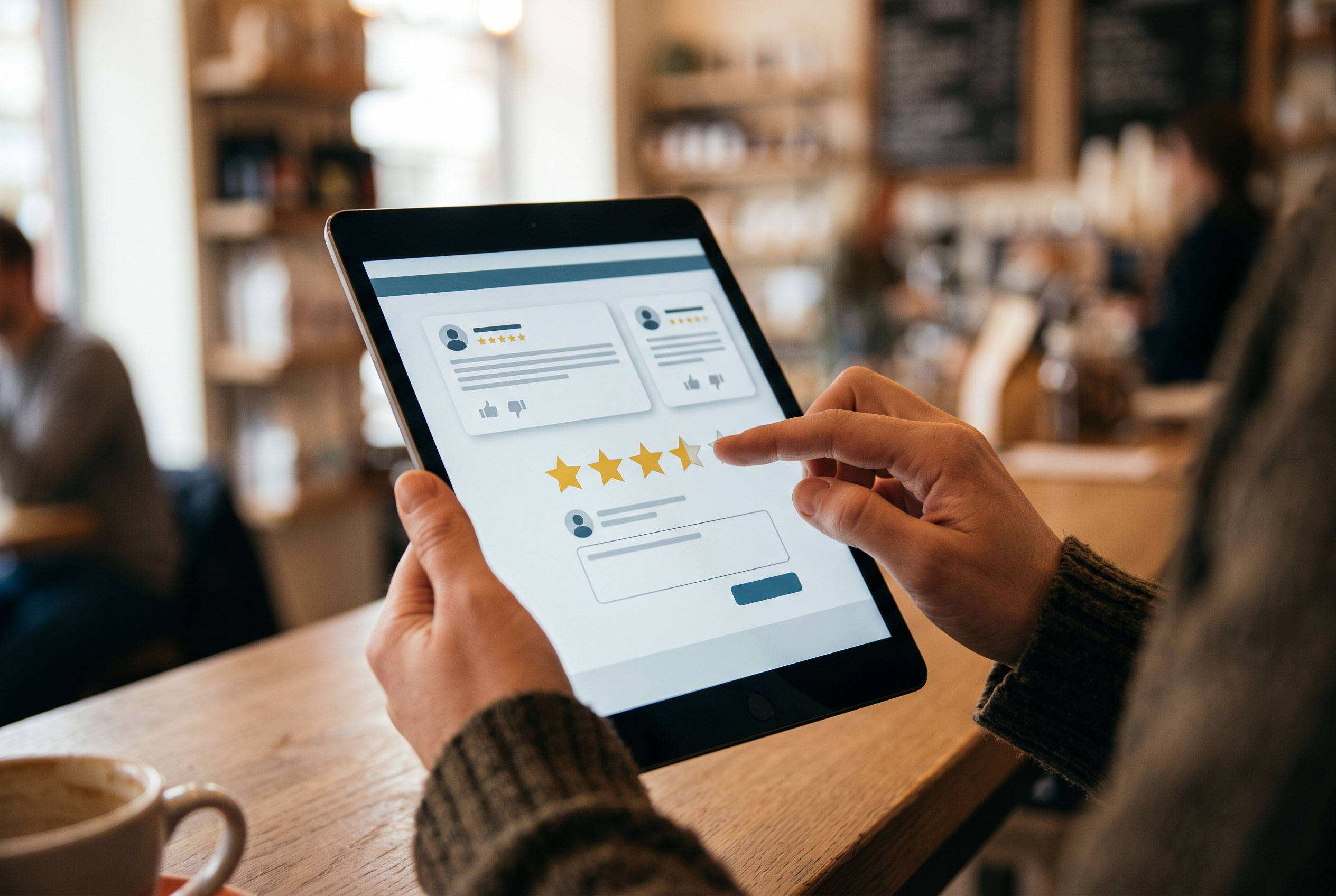 Business owner reading customer ratings and reviews on a tablet in a cafe