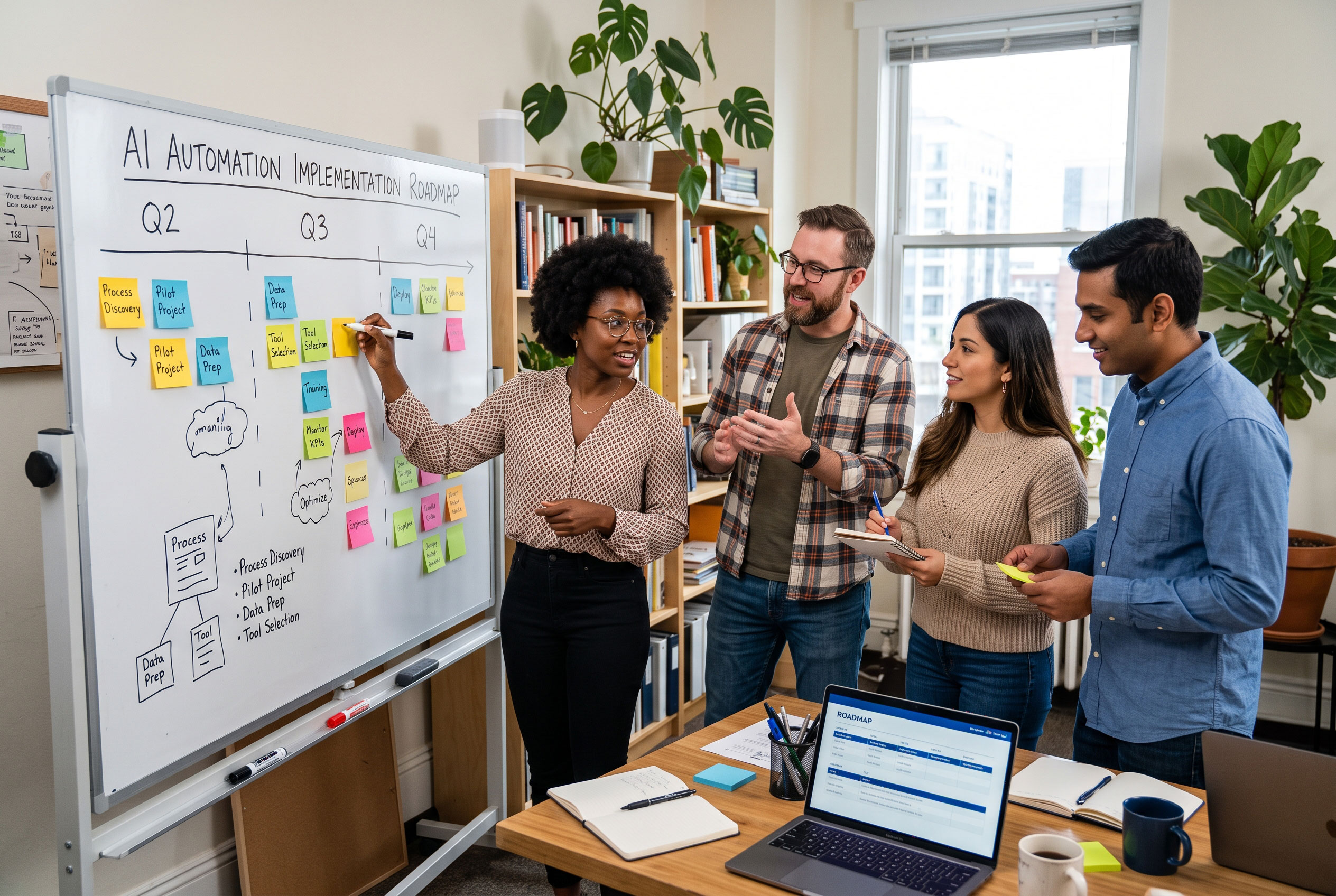 Business team planning an AI automation implementation roadmap