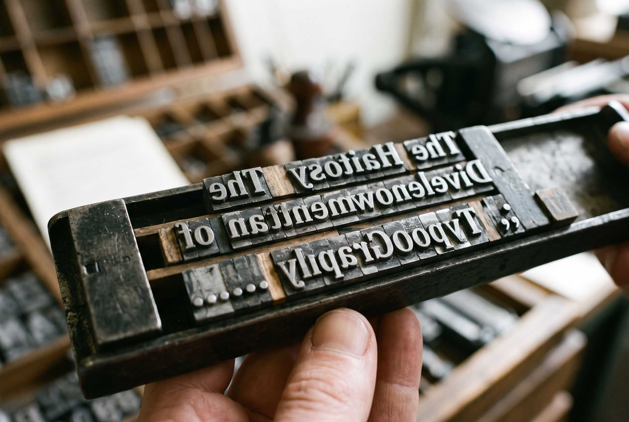 Close-up of metal movable type letters arranged for printing.