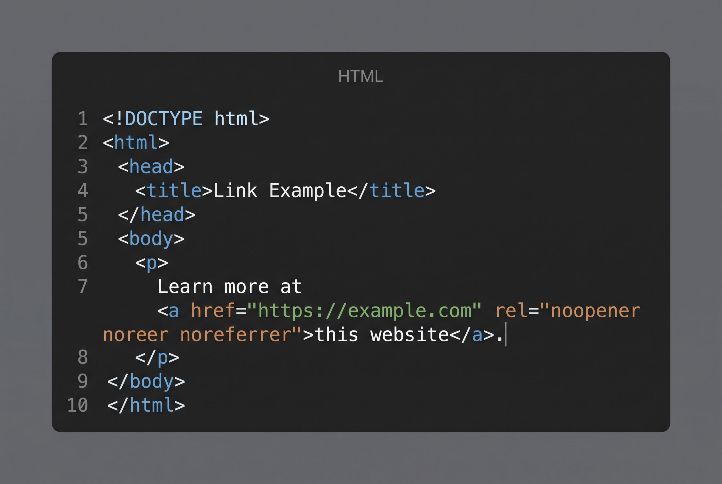 Code snippet showing a hyperlink tag with a rel attribute.