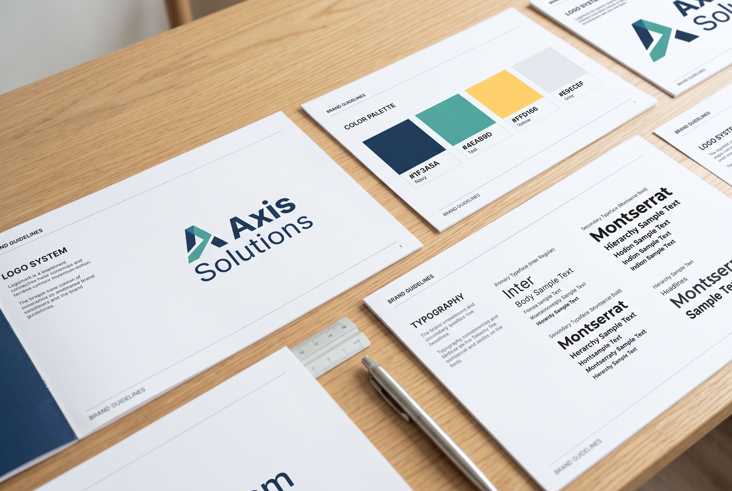 Brand guideline document showing logo, color palette, and typography samples