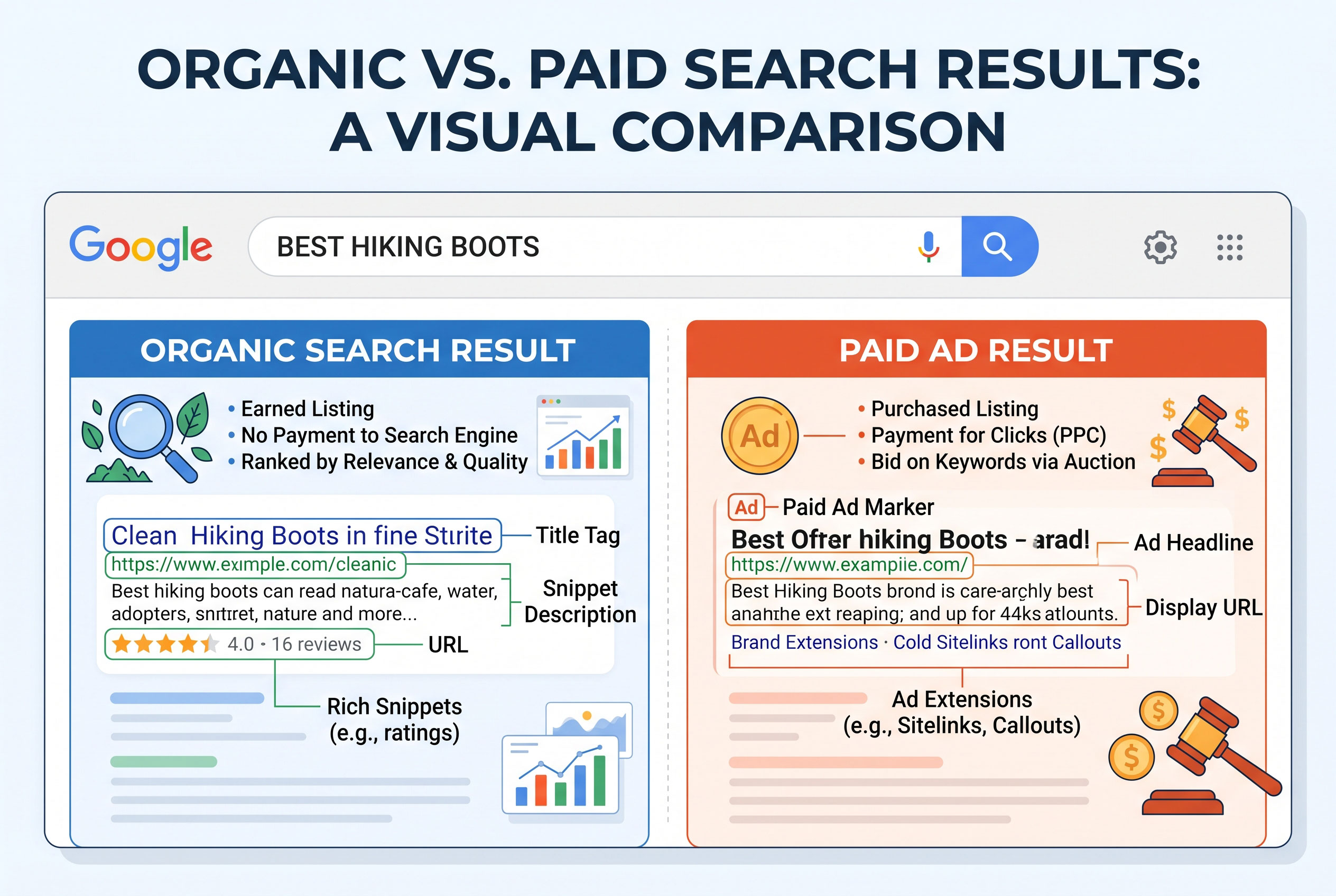 Comparison of organic search results and paid advertisements
