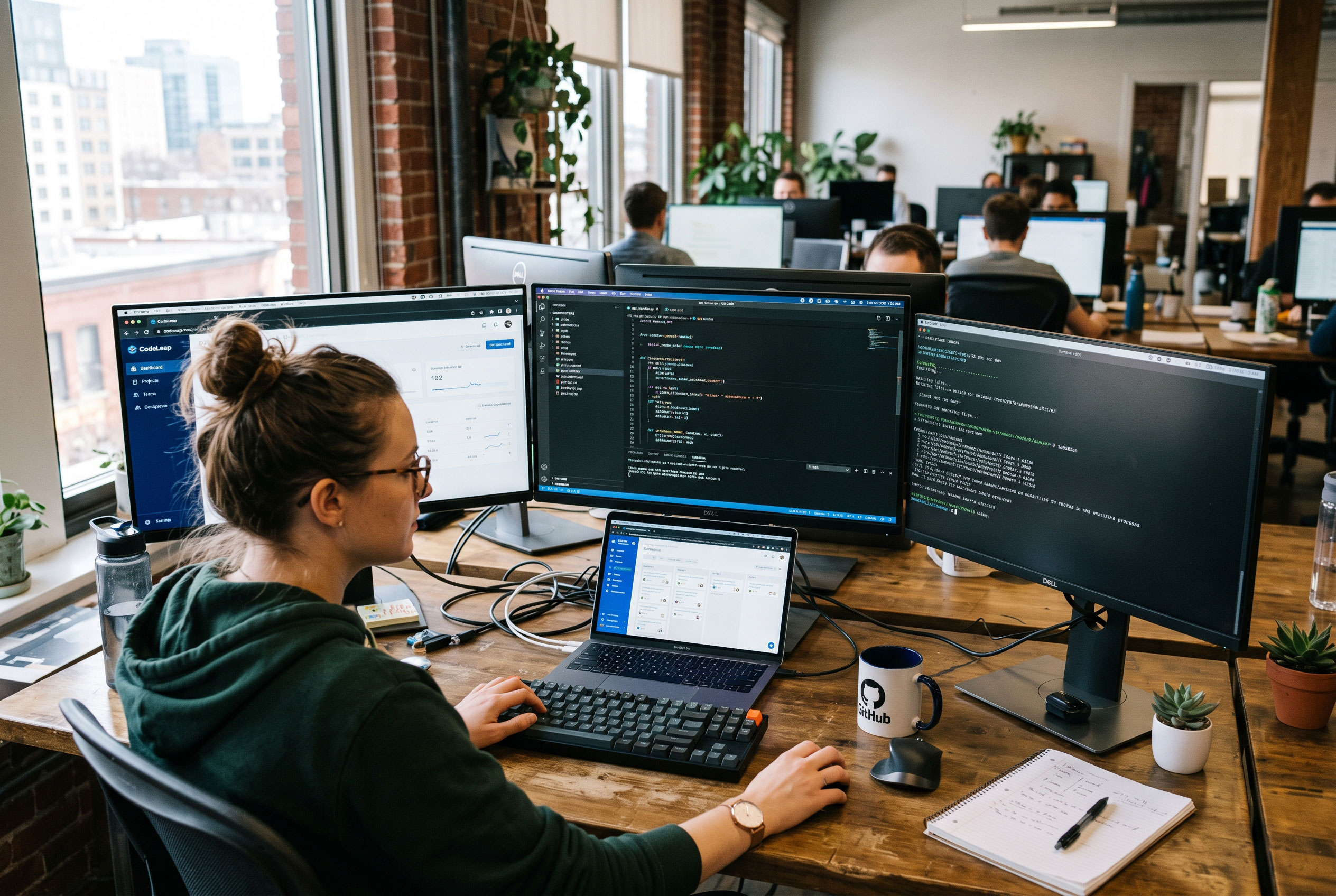 Developer workstation with code editor, browser, and terminal on multiple monitors