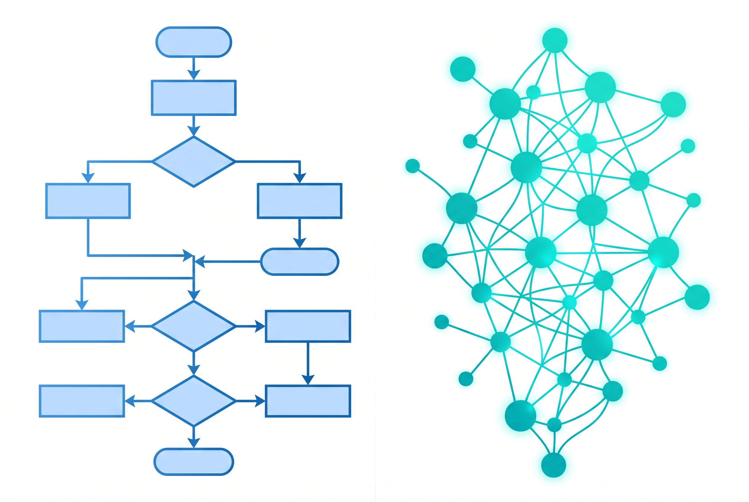 Diagram contrasting a rule-based decision flowchart with a machine learning neural network