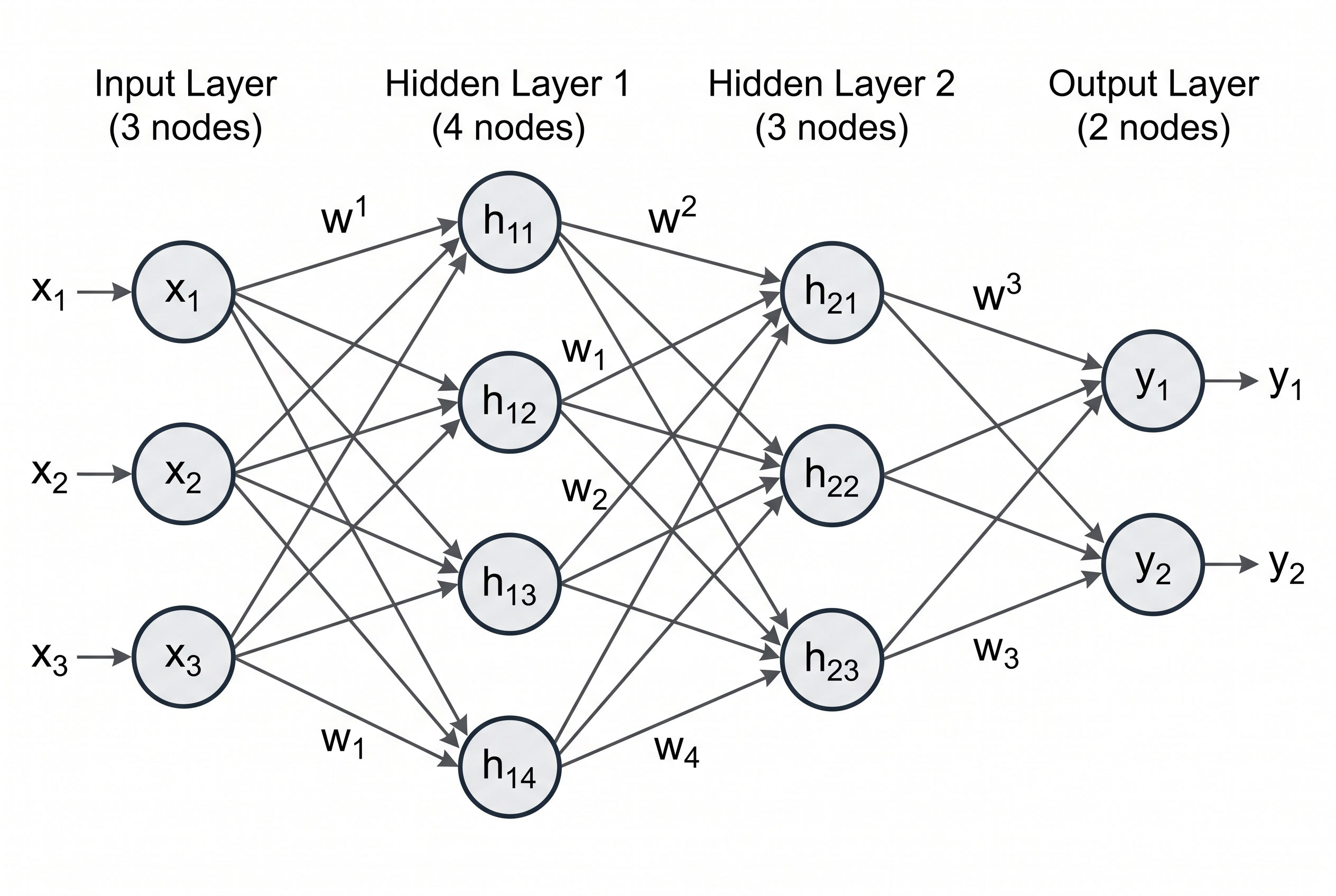Diagram of connected nodes arranged in input, hidden, and output layers.