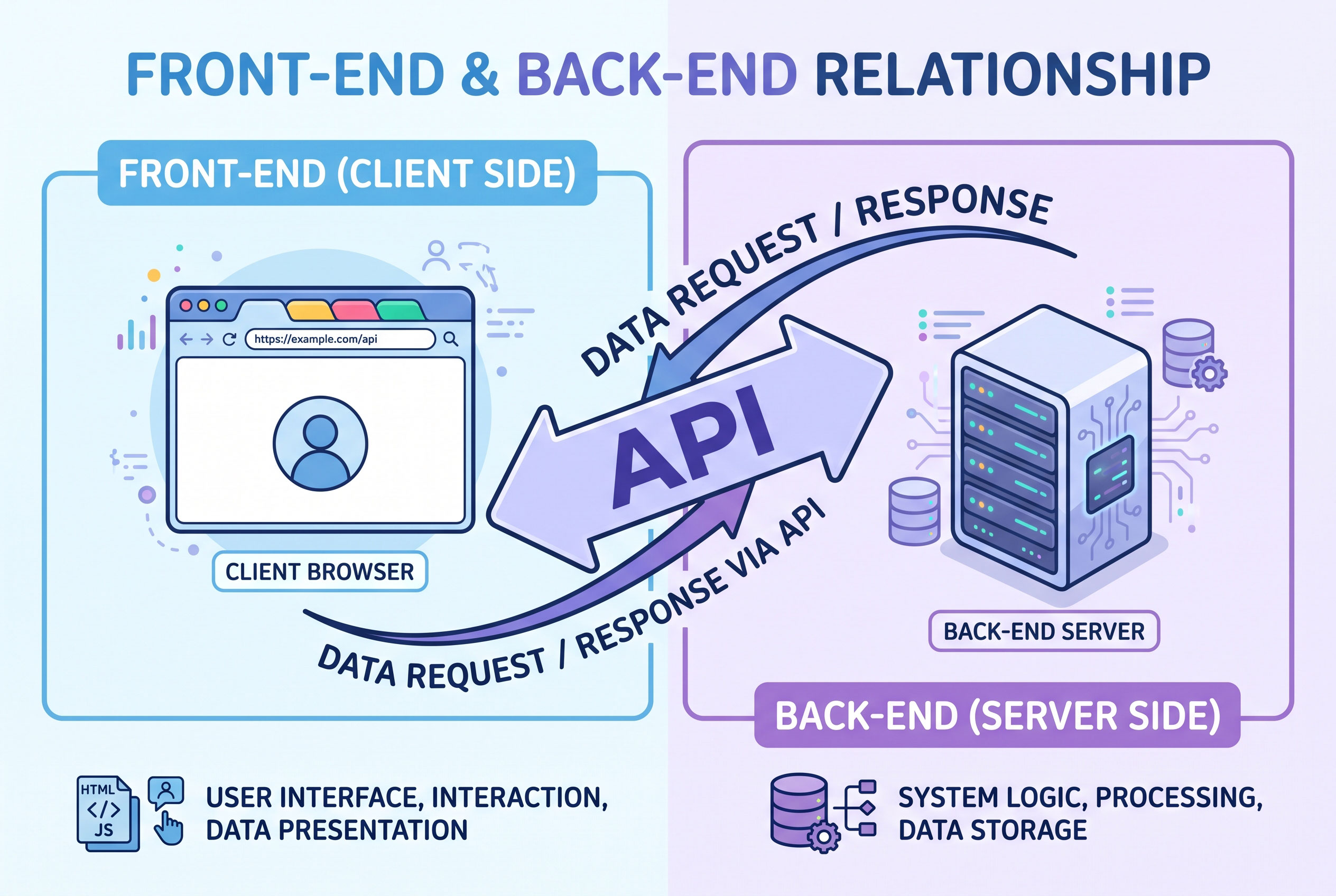 Diagram showing a browser connected to a server through an API, illustrating front-end and back-end interaction.