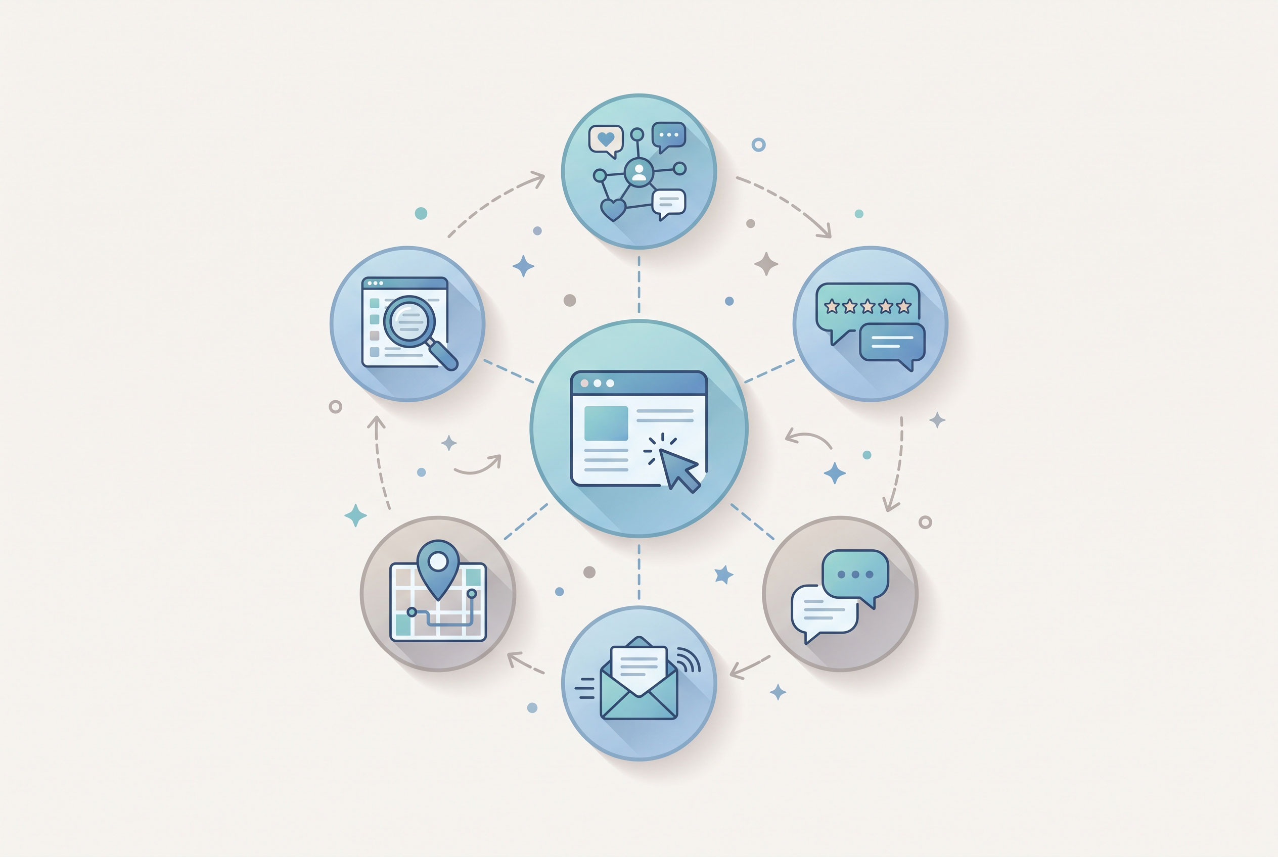 Diagram showing a business website connected to search listings, social media, reviews, and email