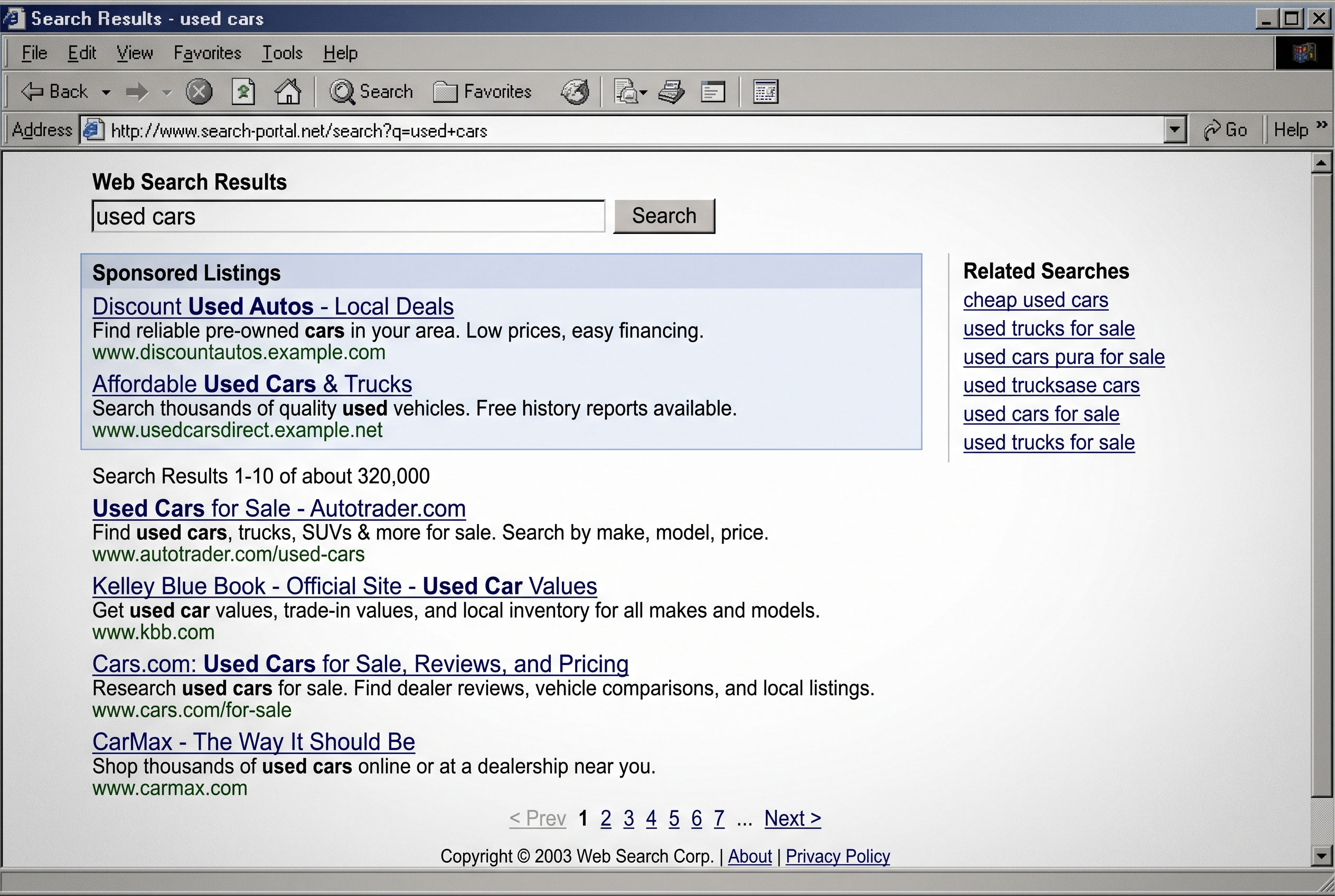Early 2000s style web page showing a list of search results with a few listings marked as sponsored