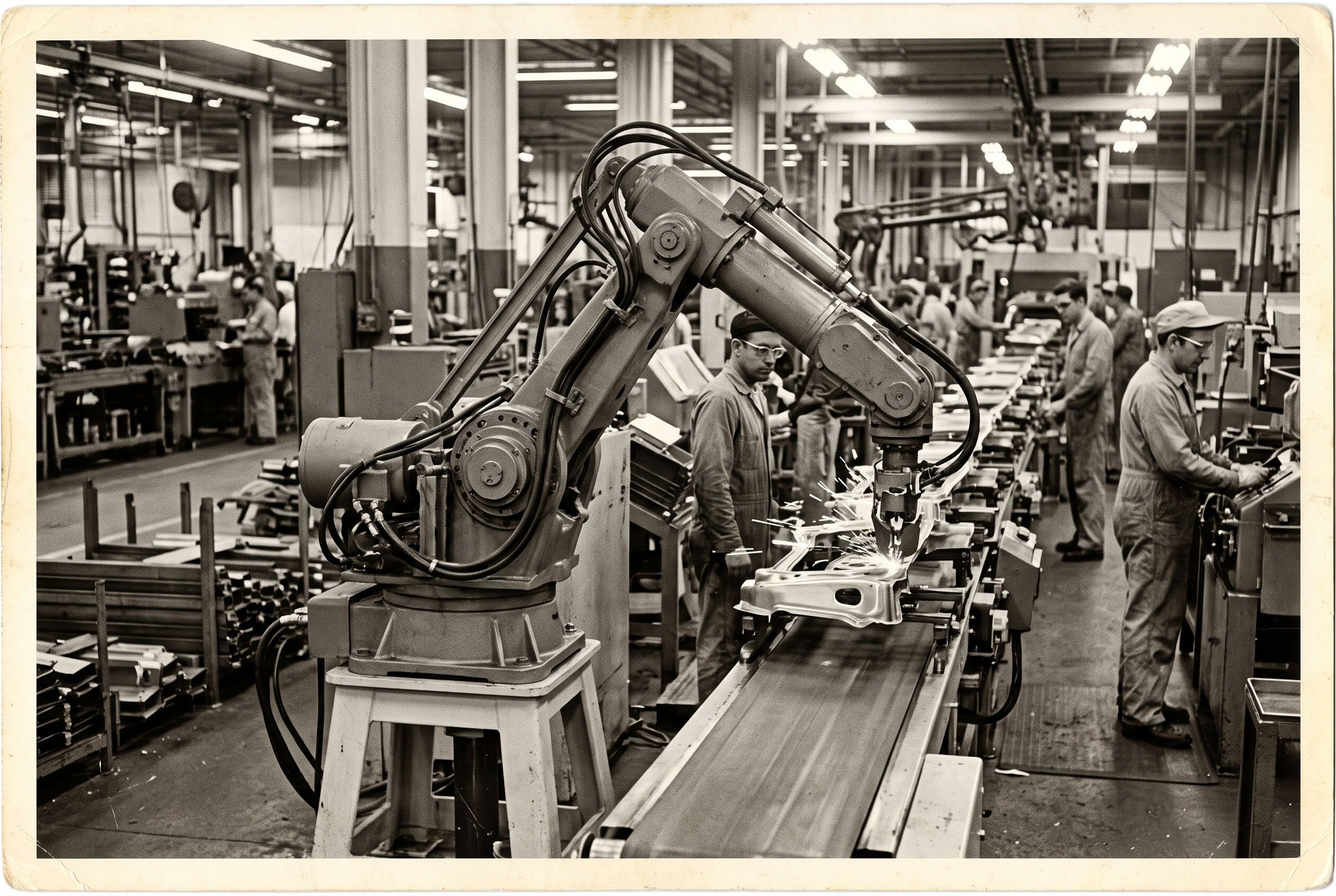 Early industrial robotic arm operating on a factory assembly line.