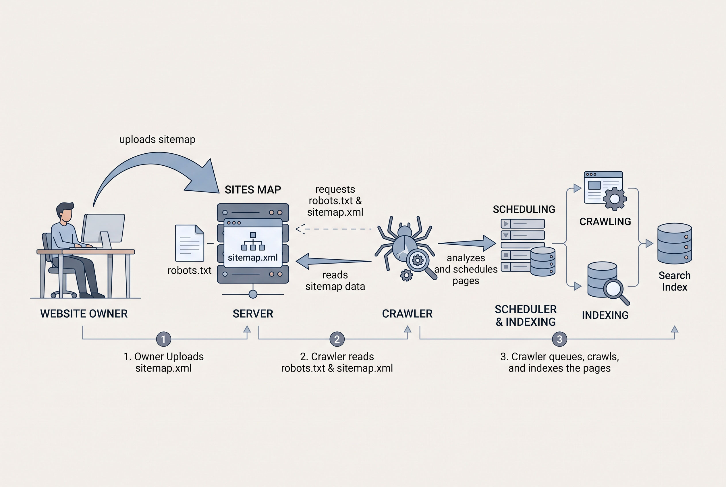 Flow diagram from website server to robots.txt to search engine crawler to indexed pages.