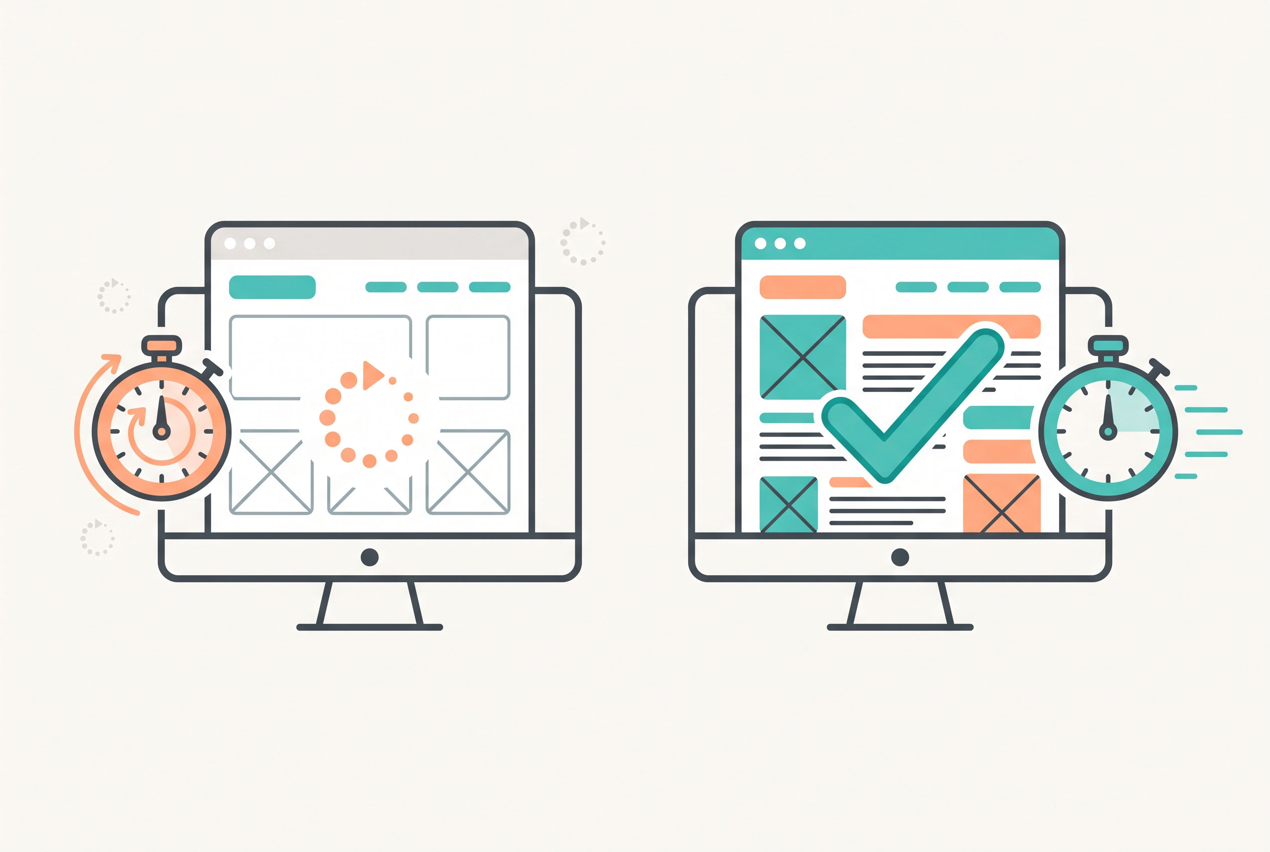 Illustration comparing a slow webpage and a fast webpage with a stopwatch