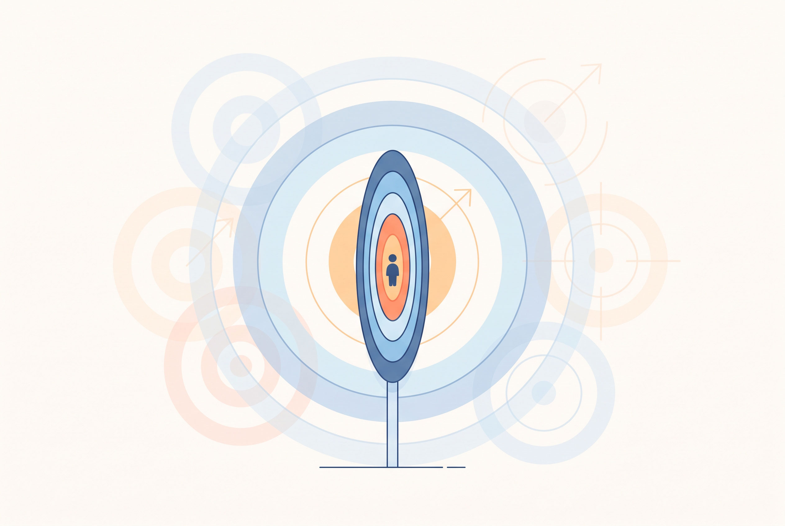 Illustration of a small figure at the center of a target representing niche market focus