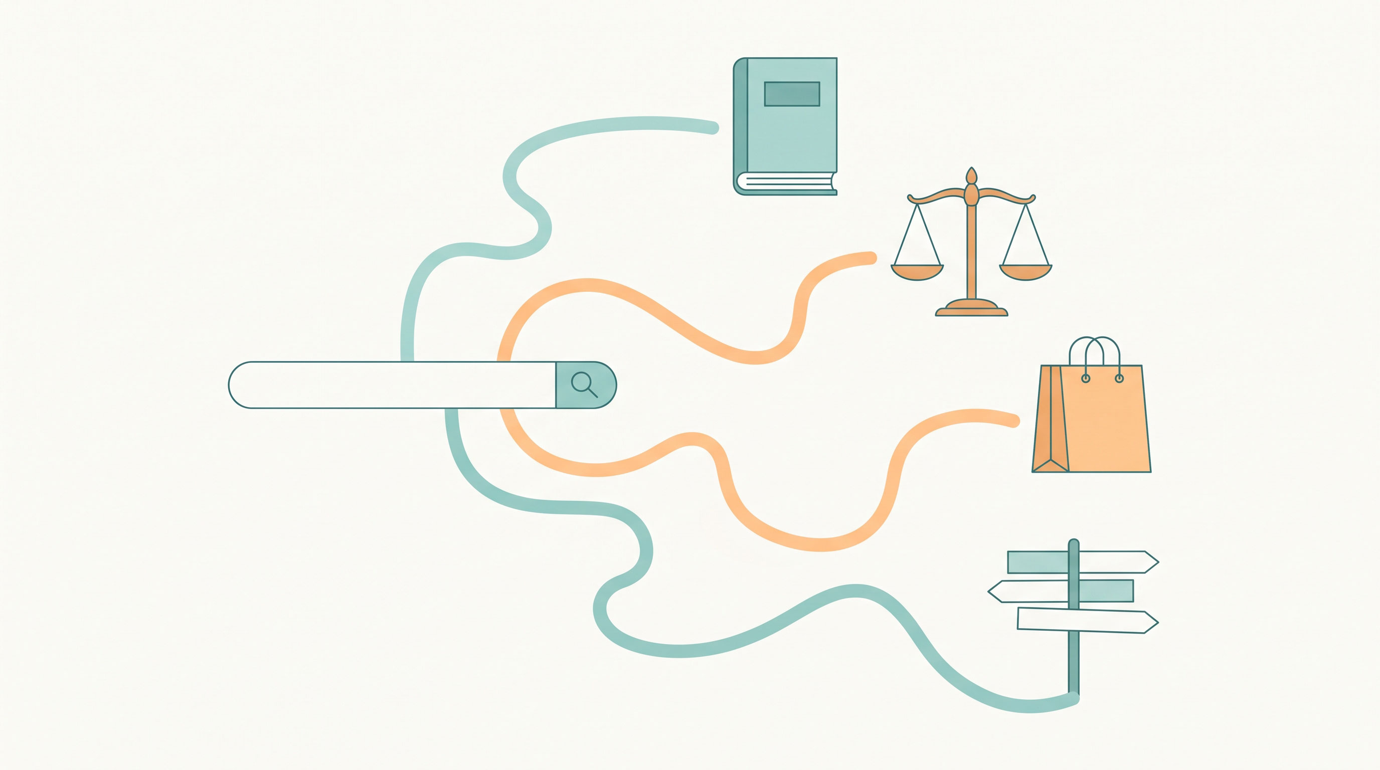 Illustration of four paths from a search bar representing informational, commercial, transactional, and navigational intent