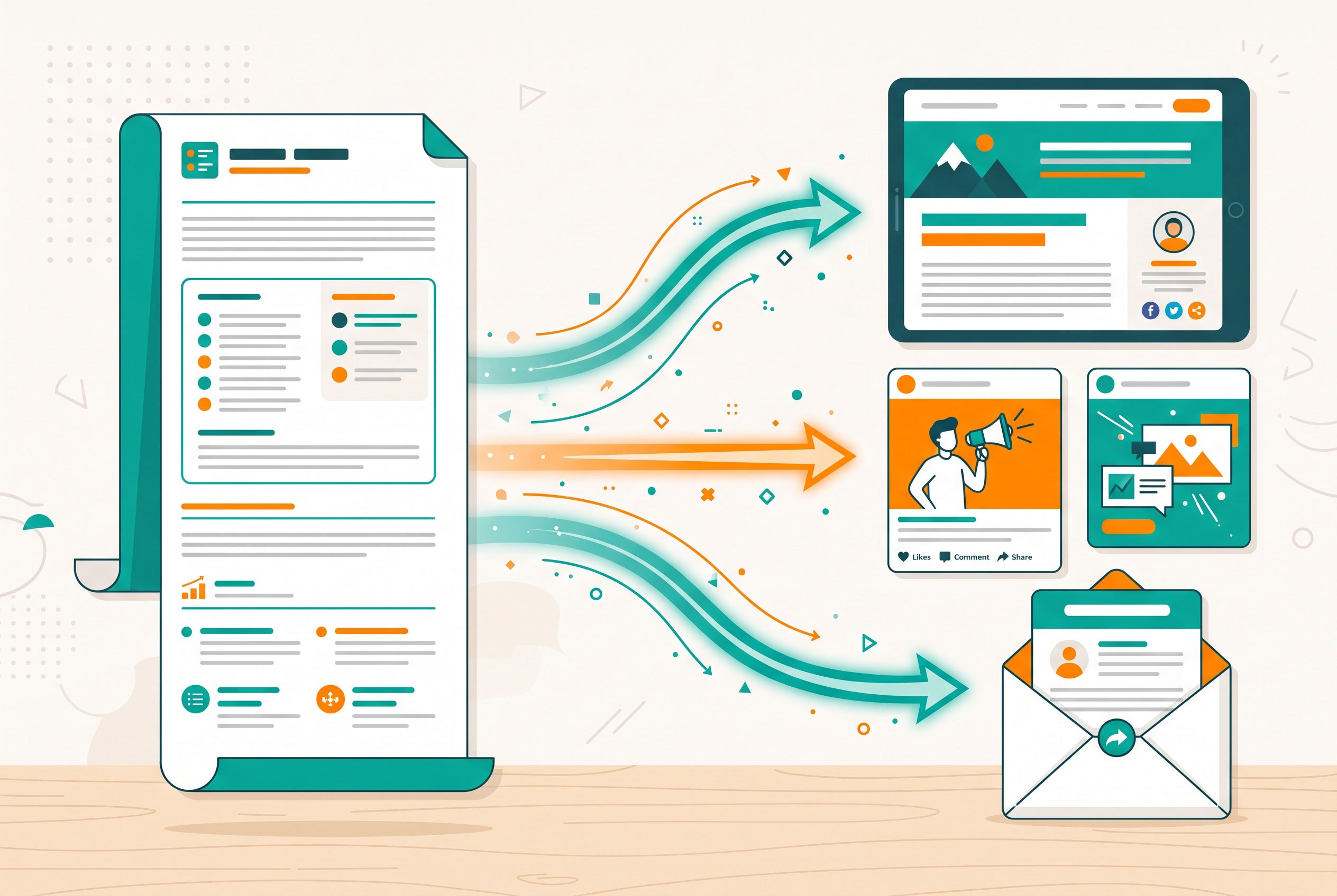 Illustration of one document being repurposed into blog, social, and email formats