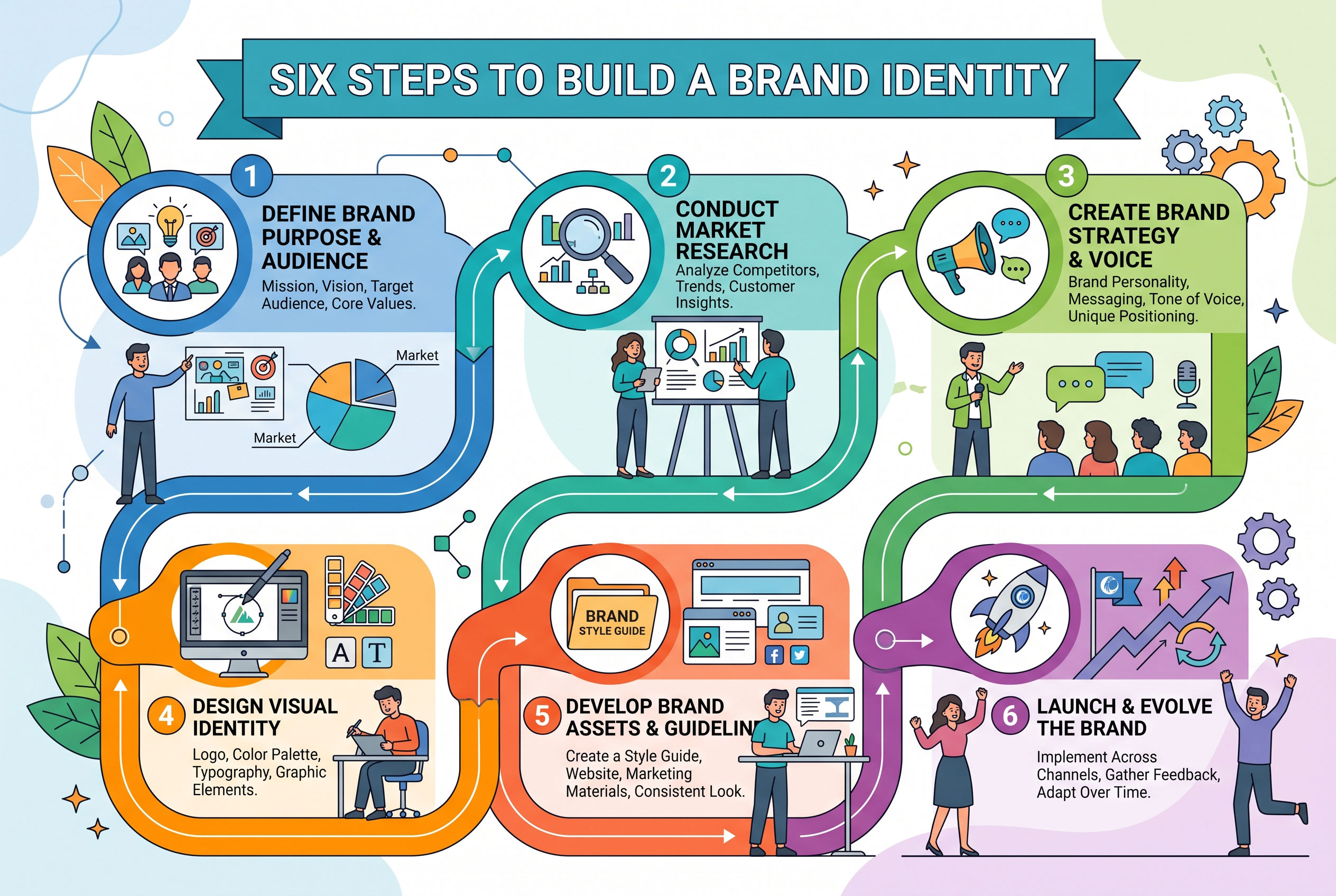 Infographic showing the six steps to building a brand identity