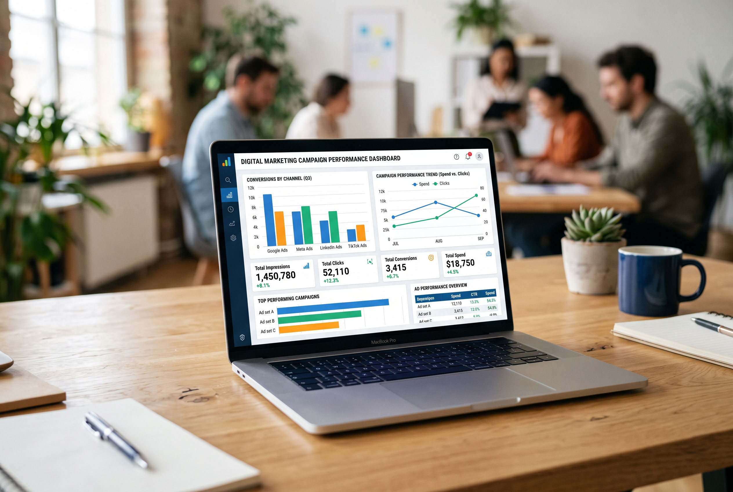 Laptop screen showing generic analytics charts representing digital advertising campaign performance.