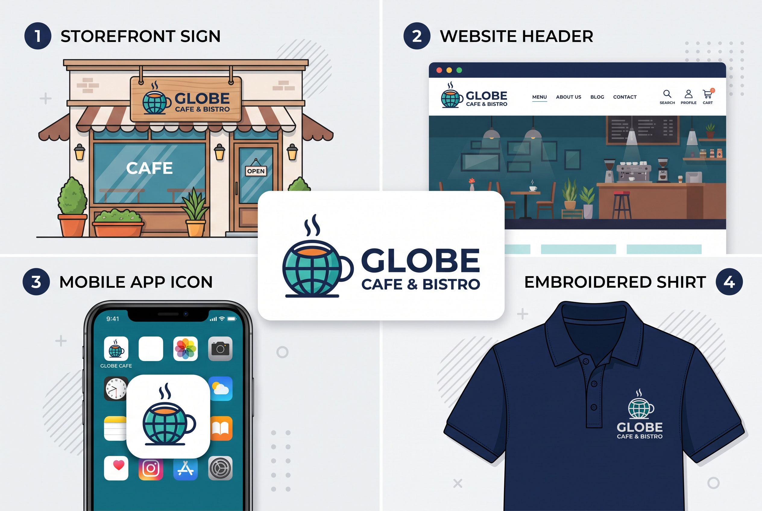 Logo mock ups on a sign, website, app icon, and shirt to test versatility