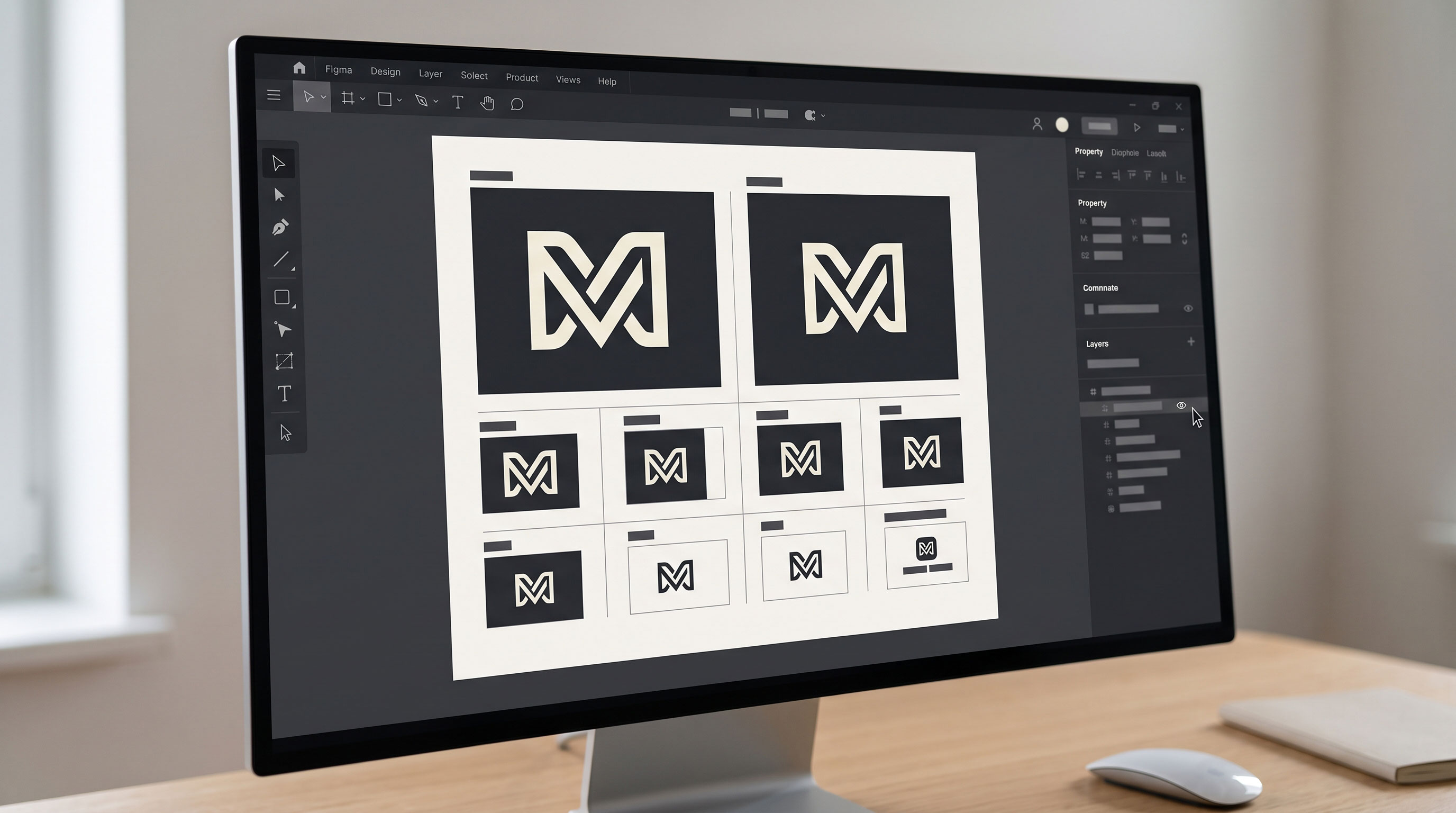 Logo shown at multiple sizes on a designer's monitor to test scalability