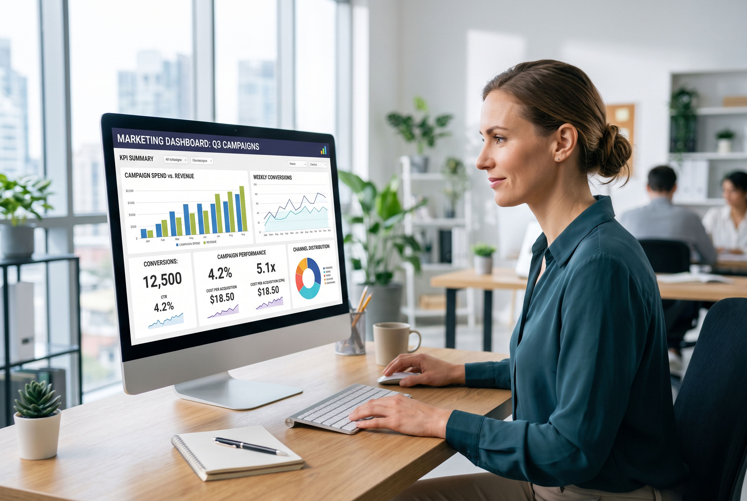 Marketer reviewing analytics dashboard for campaign performance