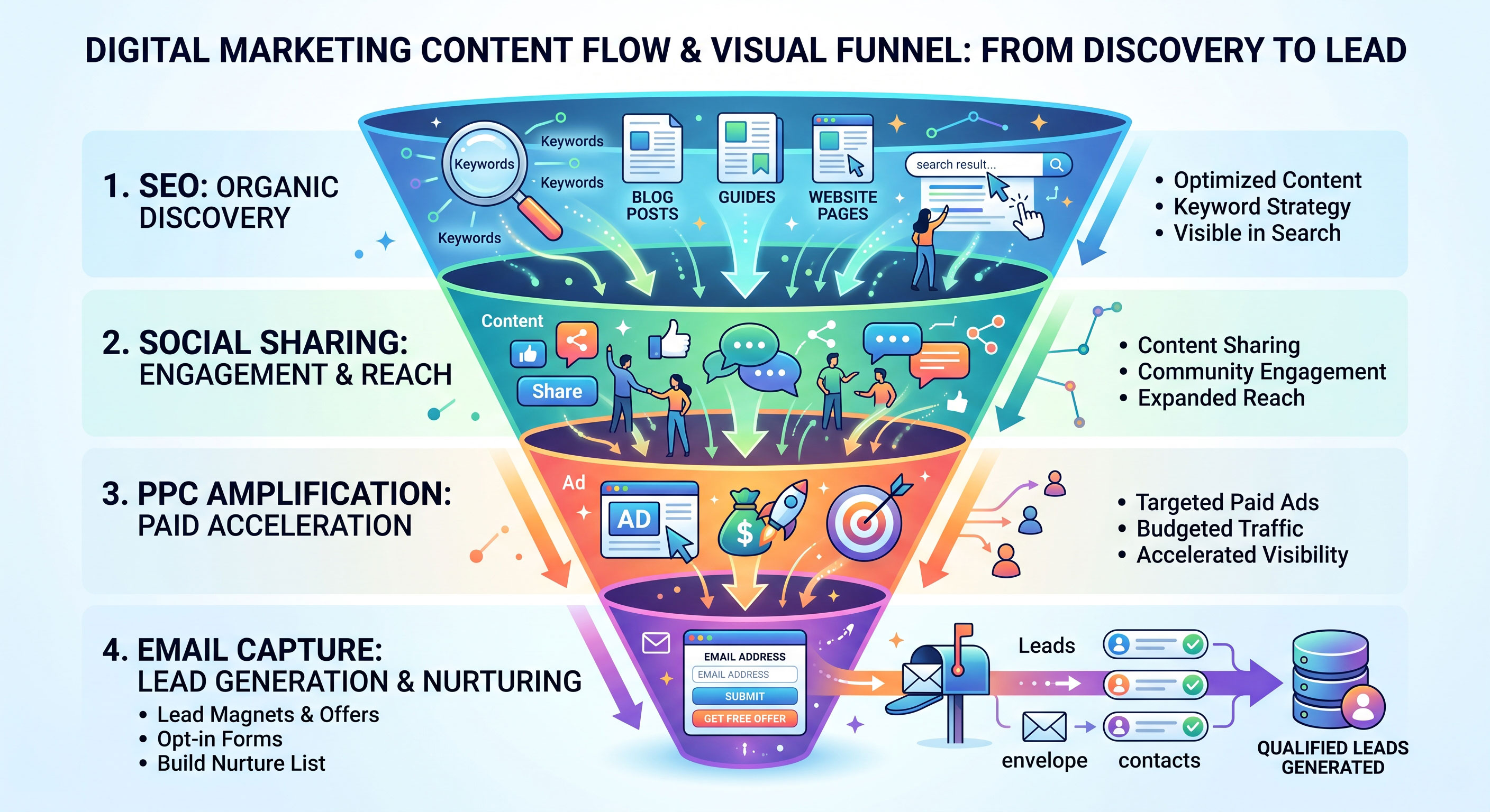 Marketing funnel diagram showing SEO, social media, PPC, and email working together