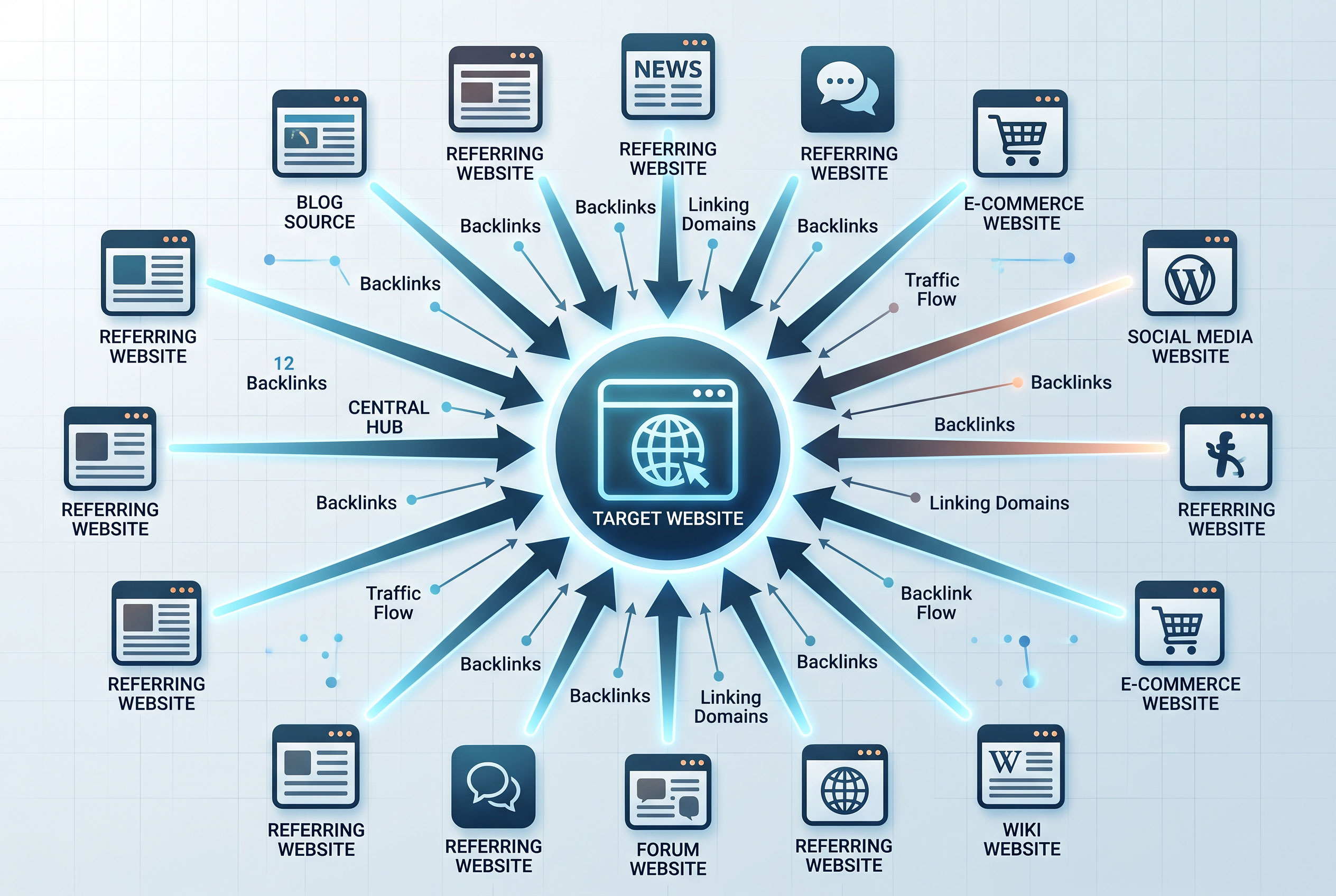 Network diagram showing backlinks pointing to a website