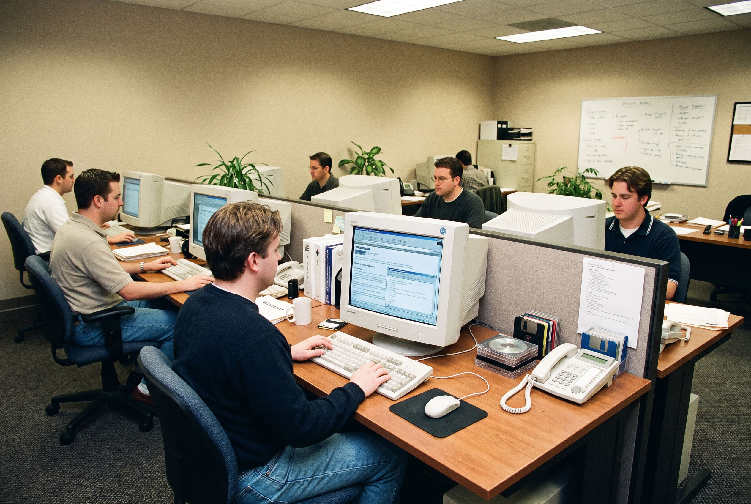 Office workspace with older desktop computer monitors representing an early digital agency setting.