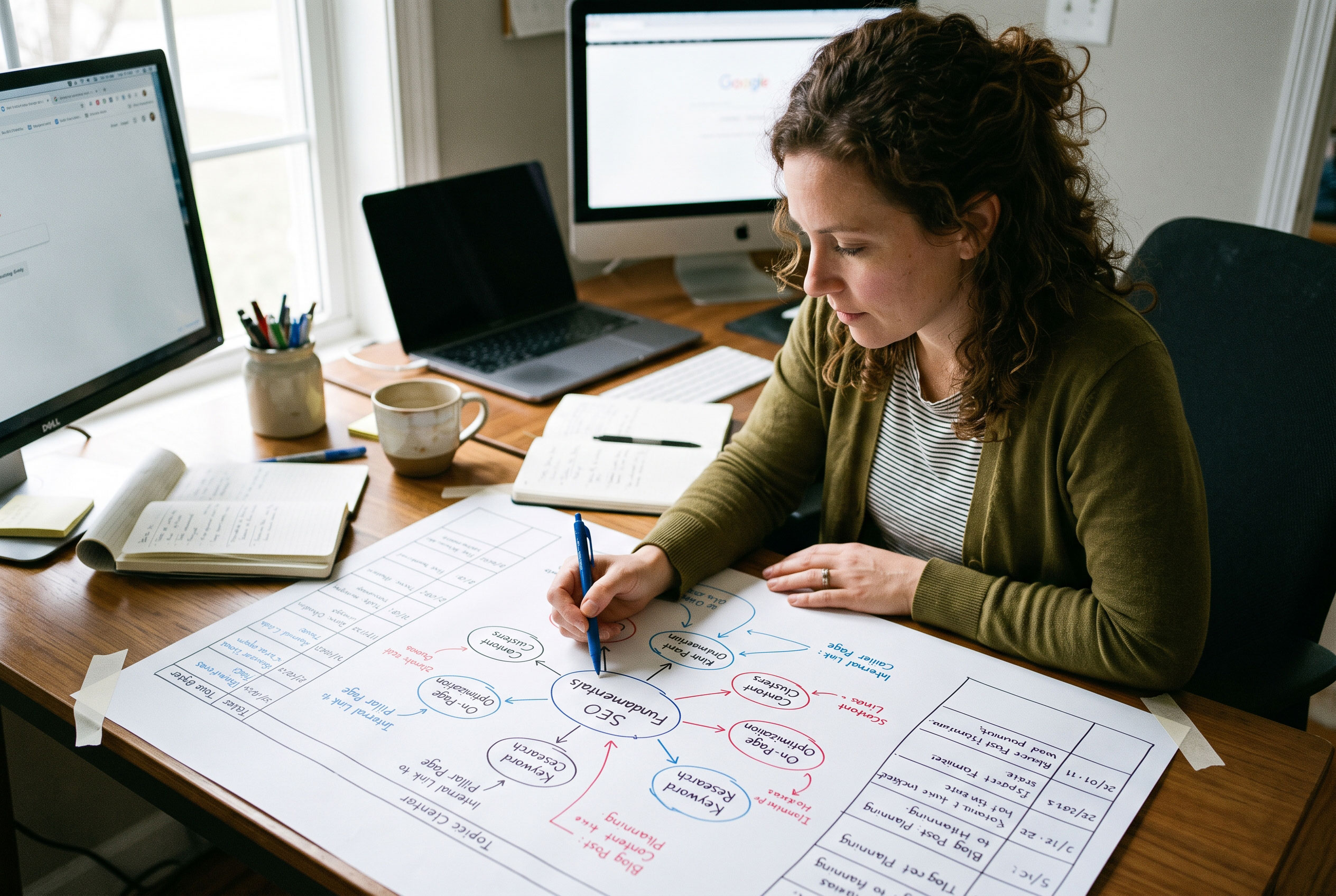 Person reviewing a hand-drawn content cluster map on paper at a desk