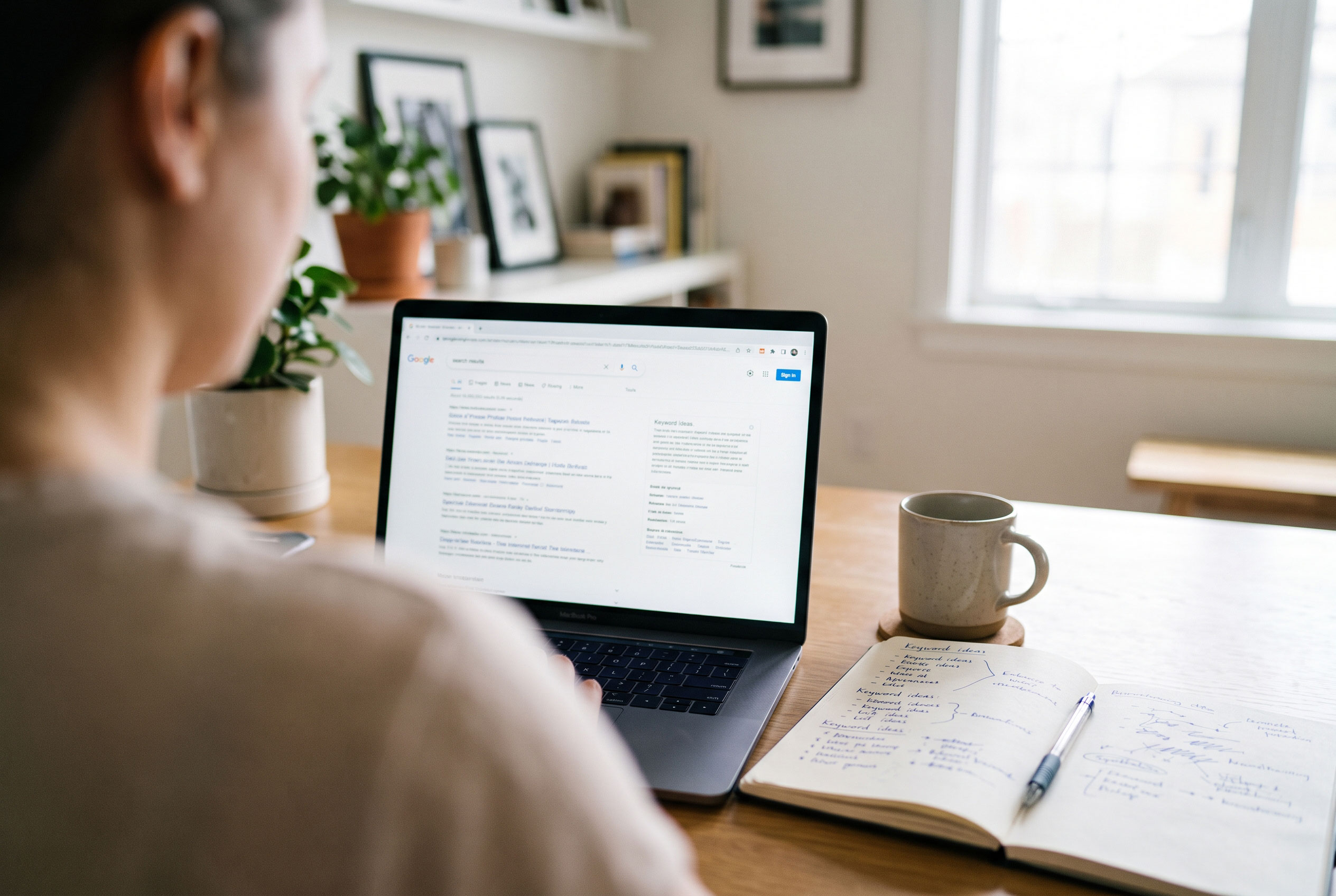 Person reviewing search results on a laptop while noting related keyword ideas in a notebook