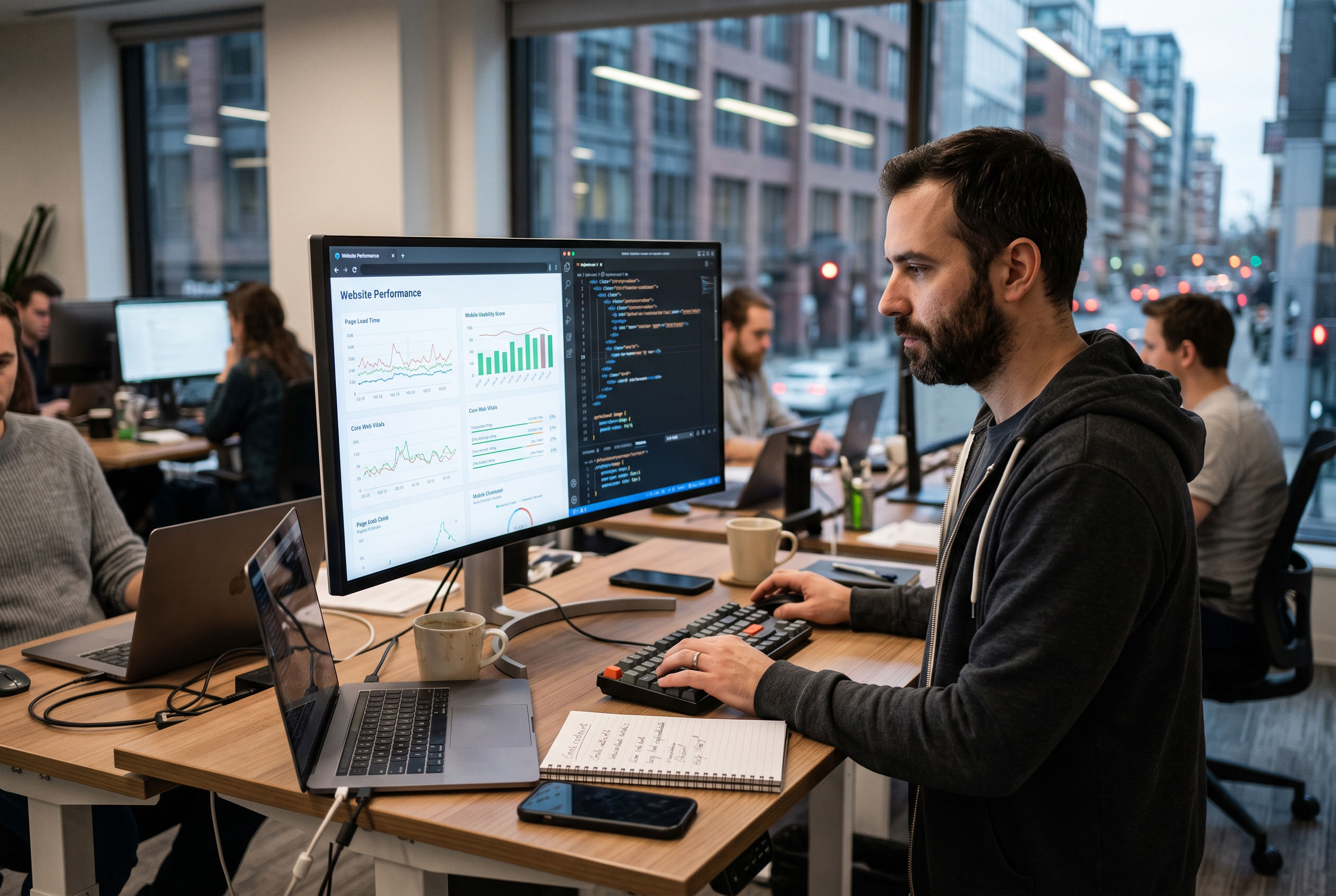 Person reviewing website performance charts