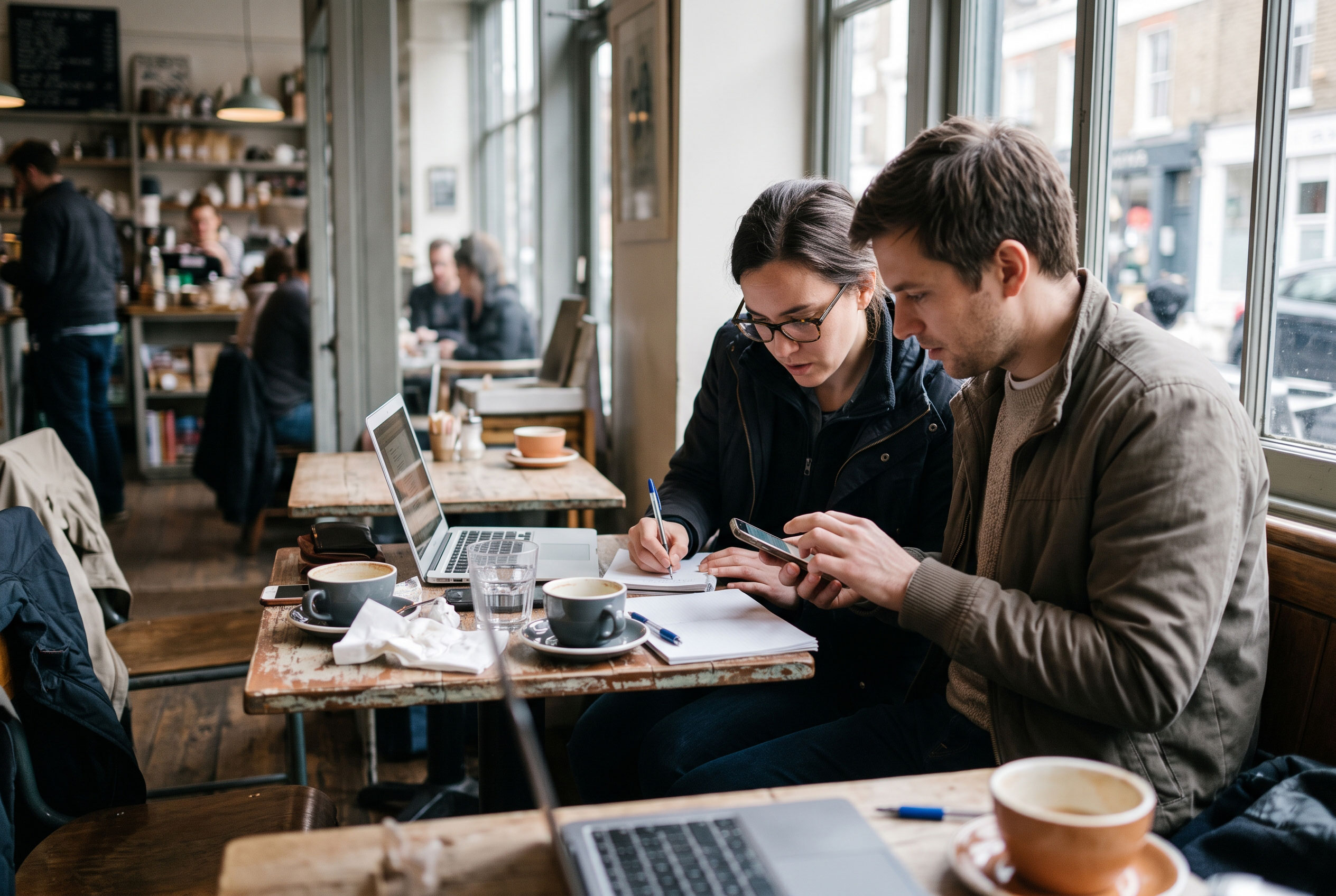 Person testing an online store on a phone while a colleague takes notes
