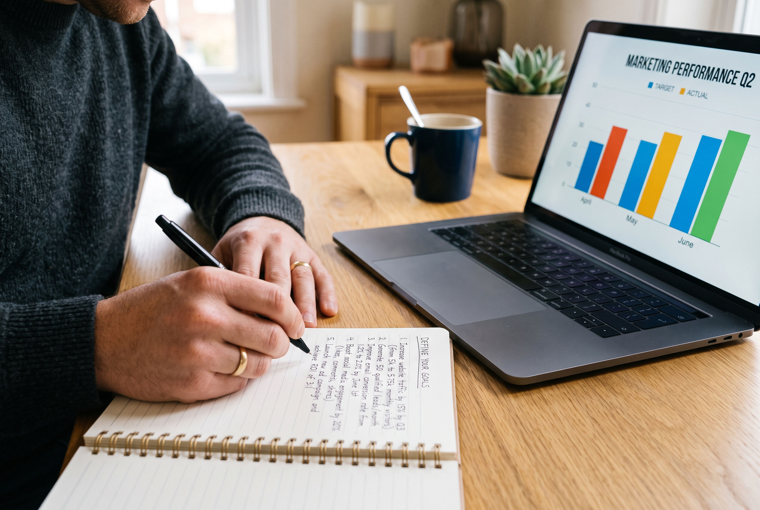 Person writing measurable marketing goals in a notebook