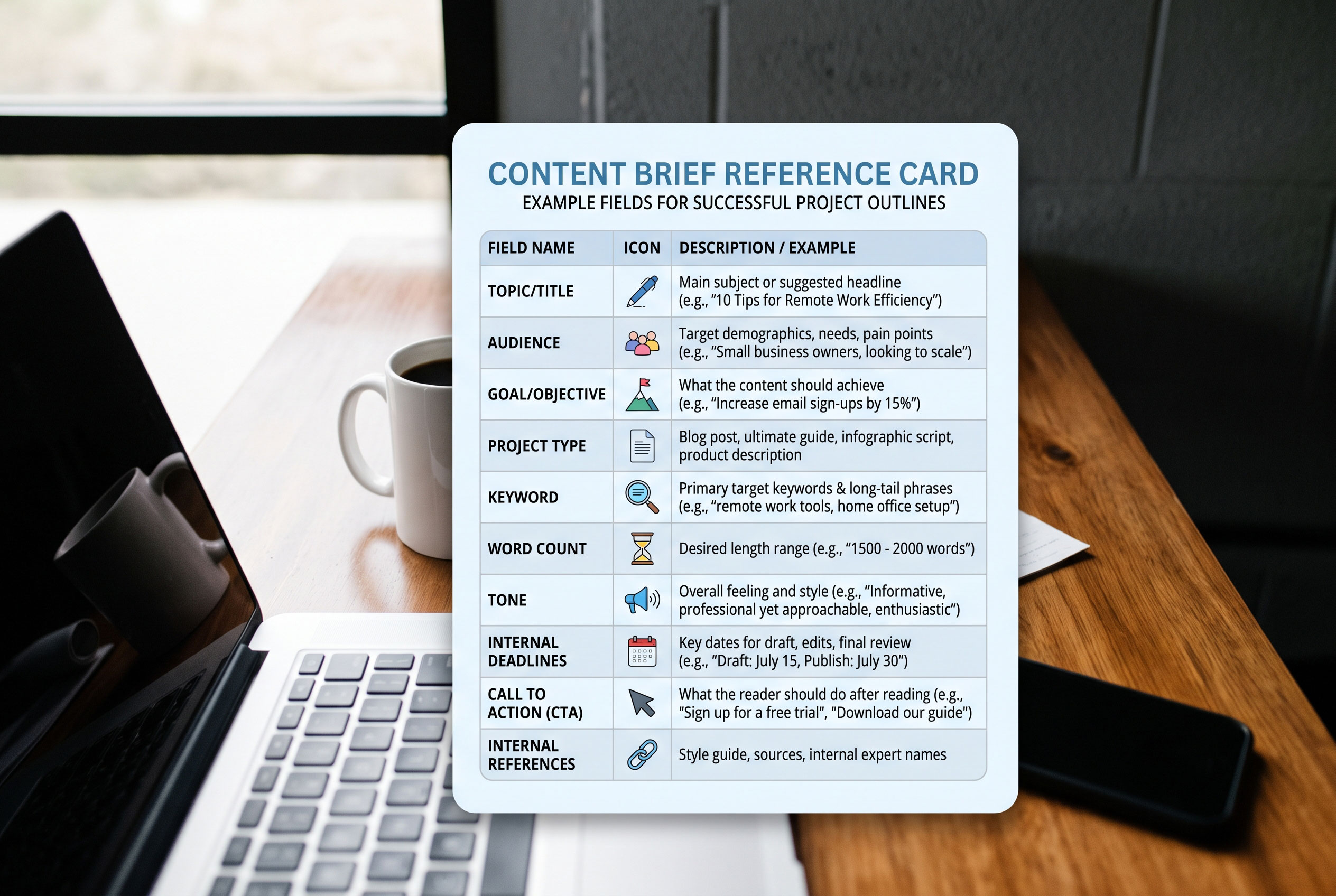 Reference card listing typical content brief fields including audience, keyword, and tone.