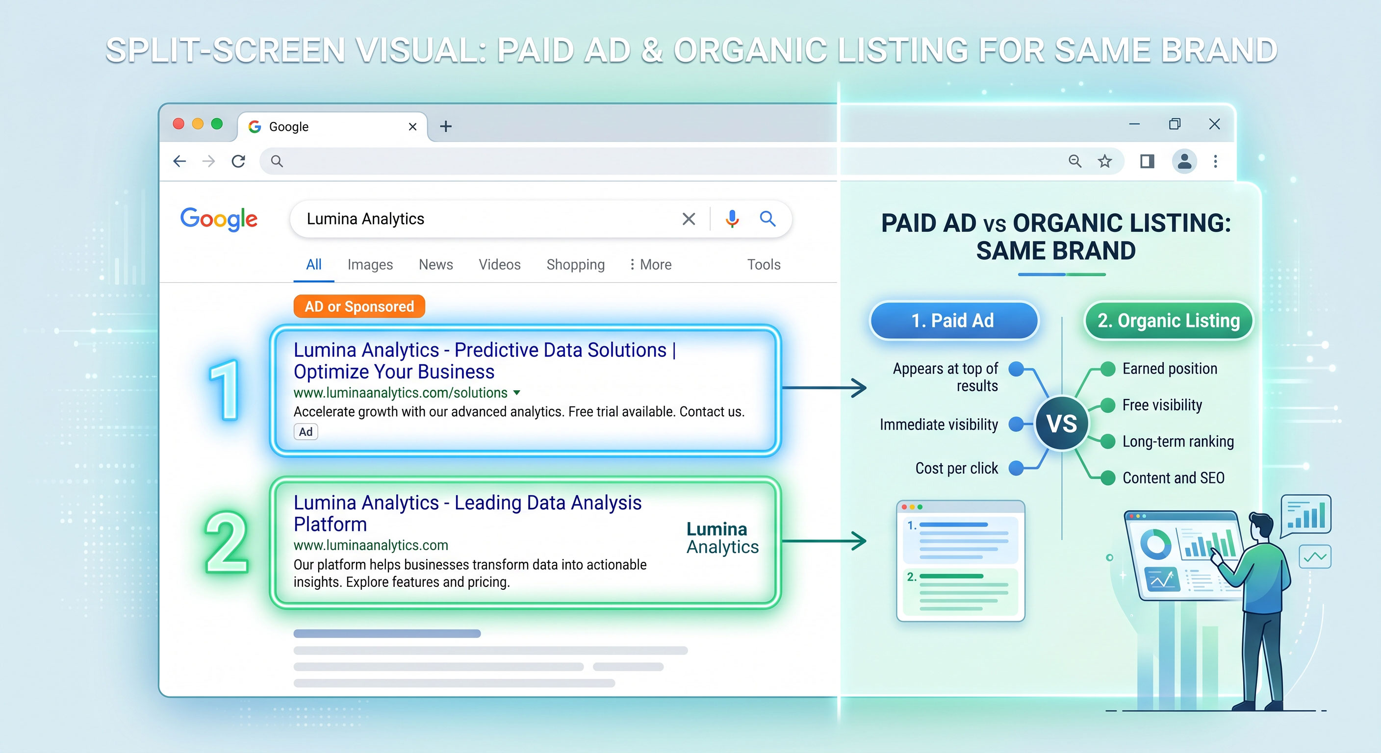 Search results page showing both paid ad and organic listing for the same business