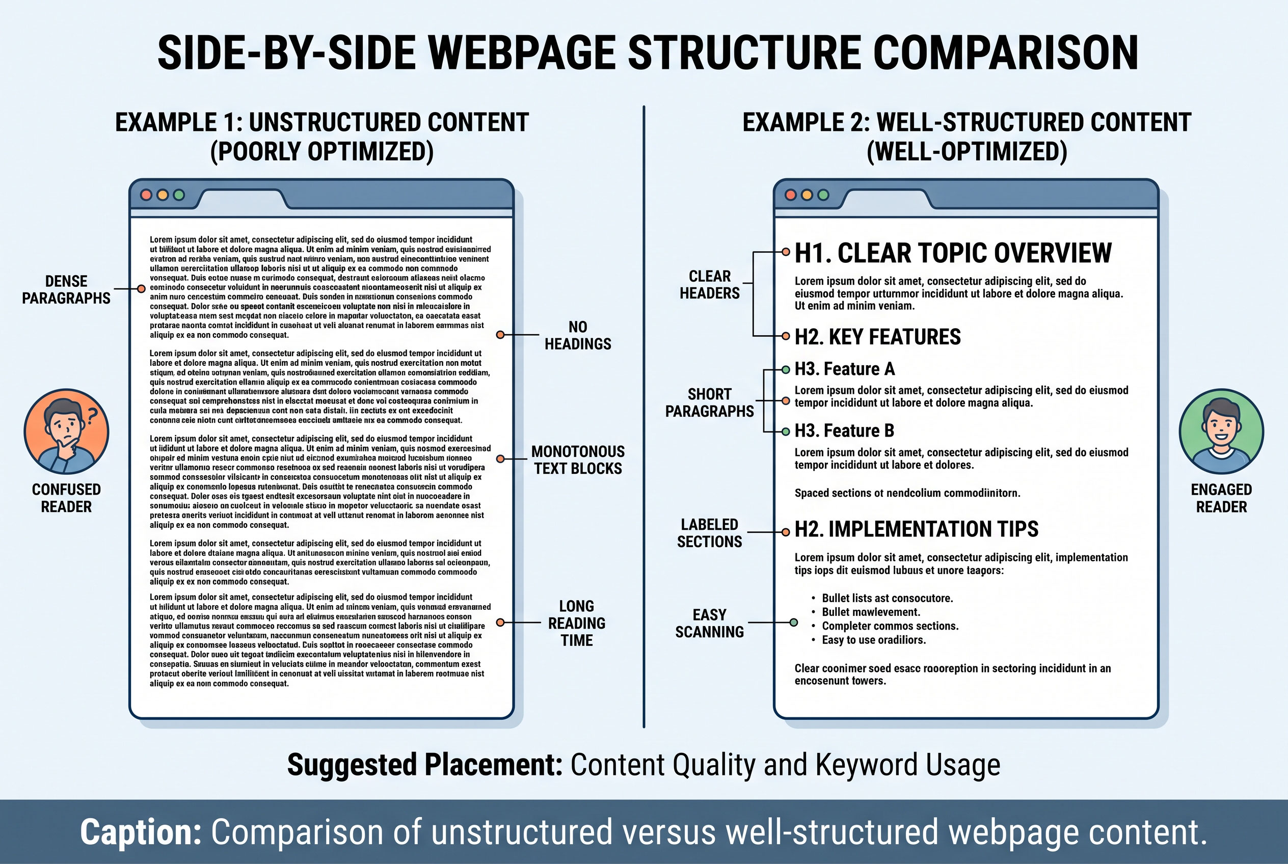Side-by-side diagram comparing poorly structured and well-structured webpage content.
