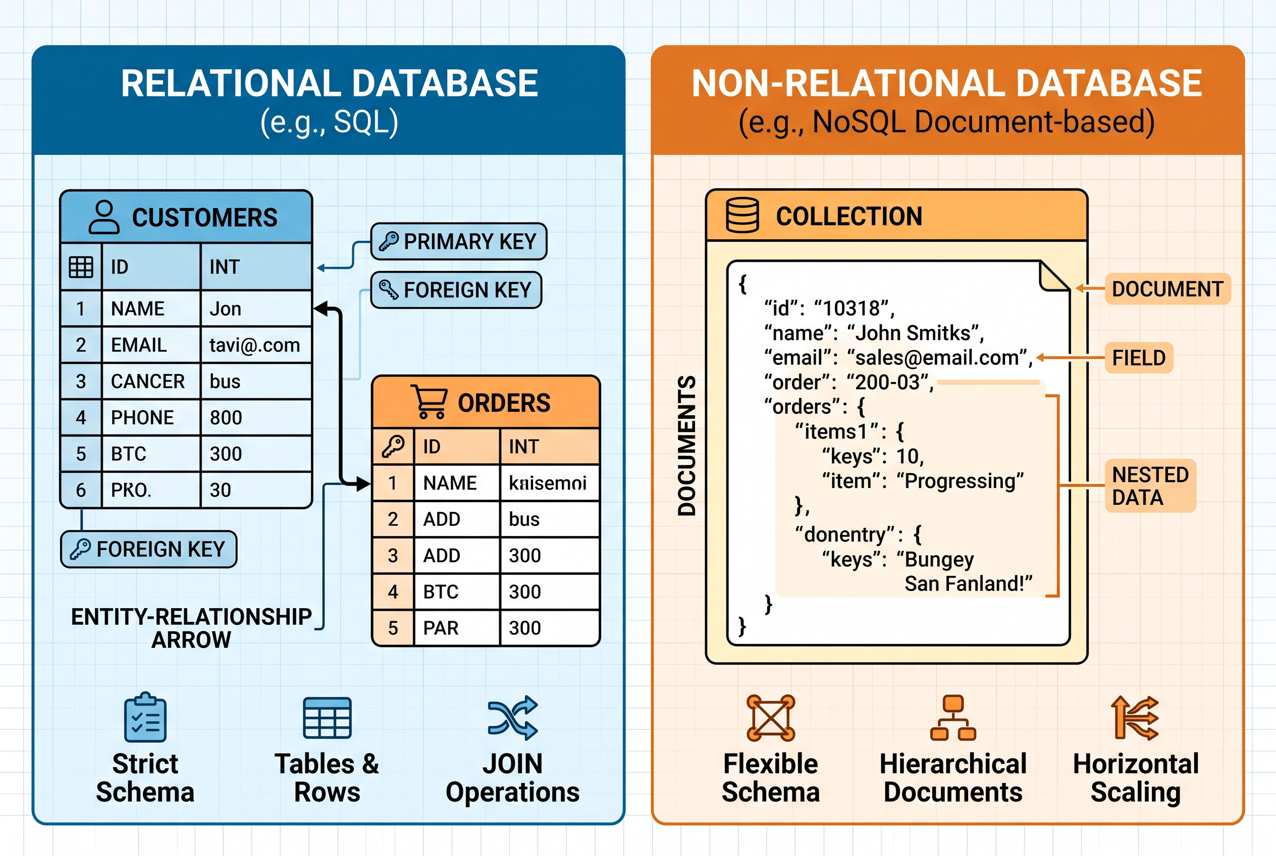 Side-by-side diagram comparing table-based relational data structures with document-based non-relational structures.