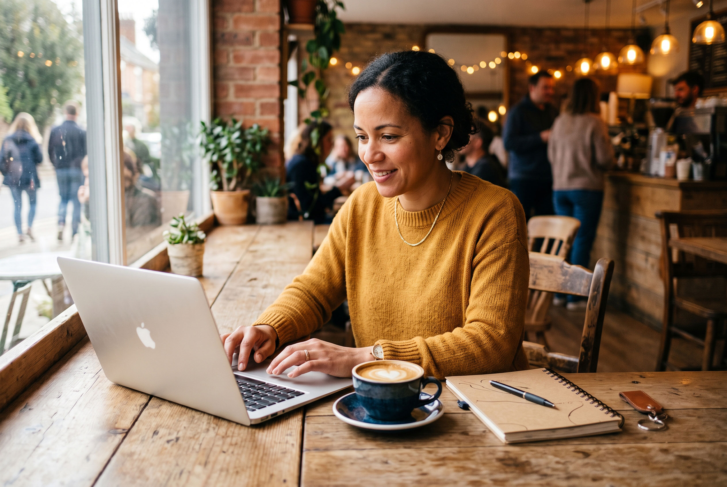 Small business owner editing a website page on a laptop at a café table