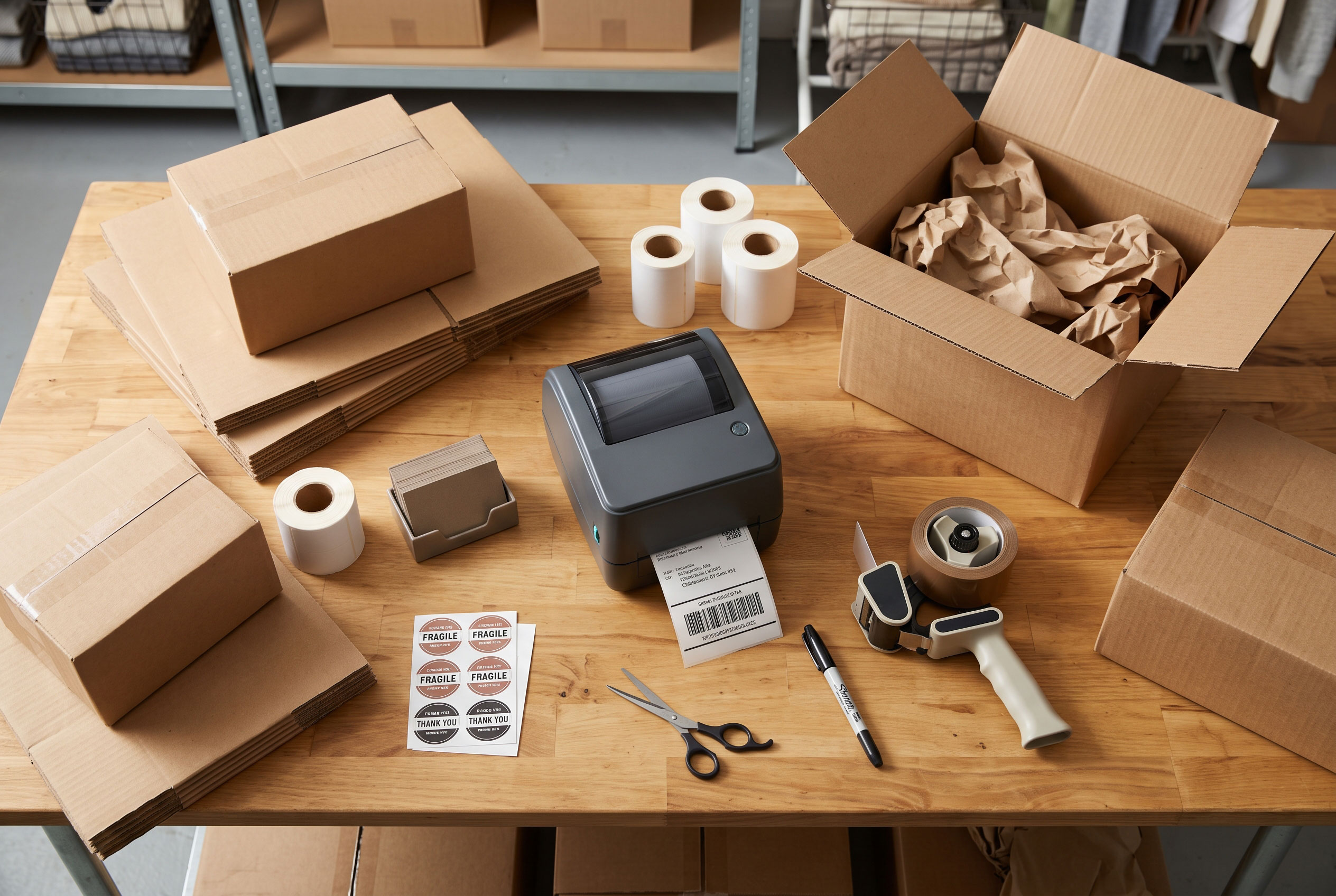 Small business packing station with shipping boxes and label printer