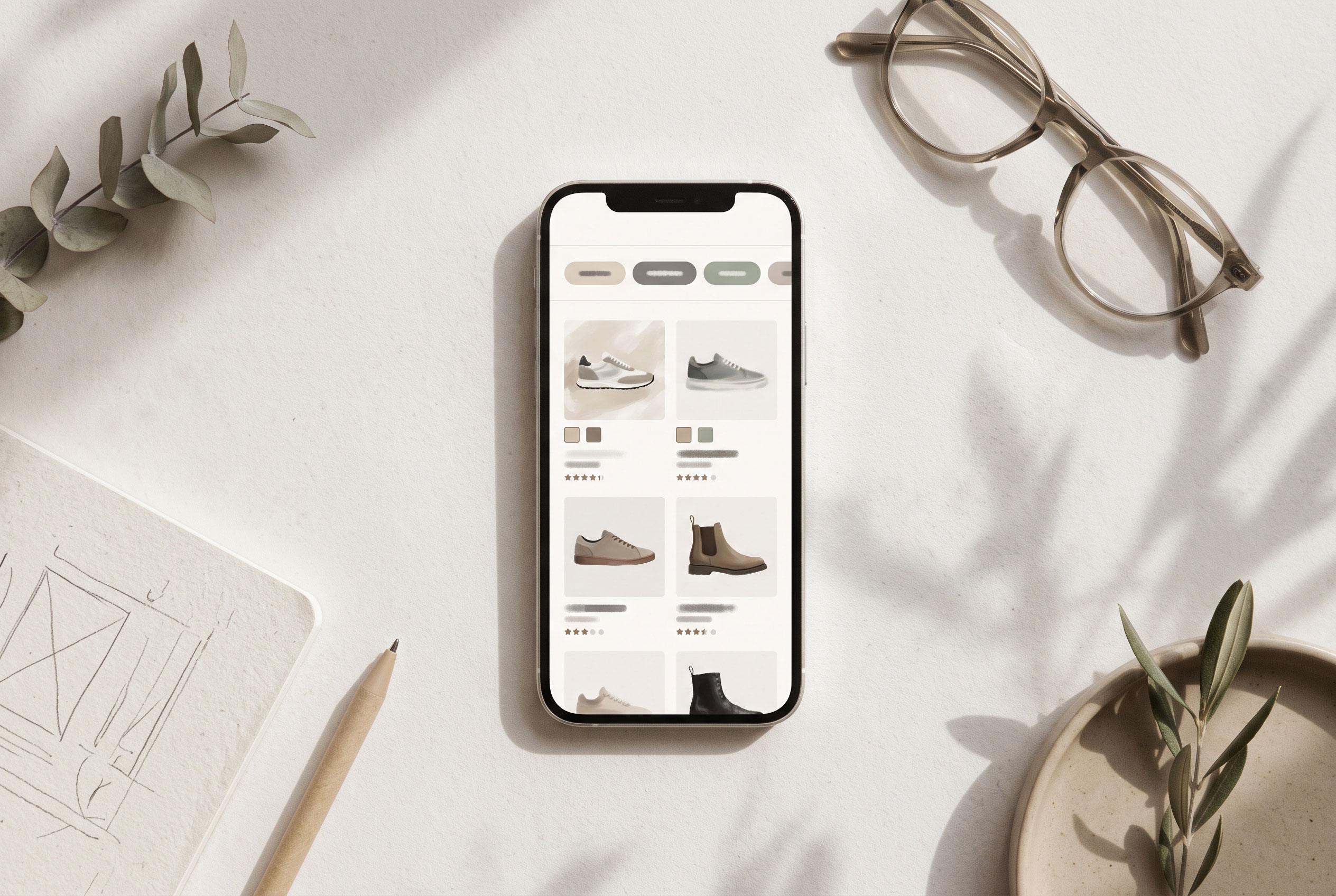 Smartphone displaying a filtered product grid in an online clothing store