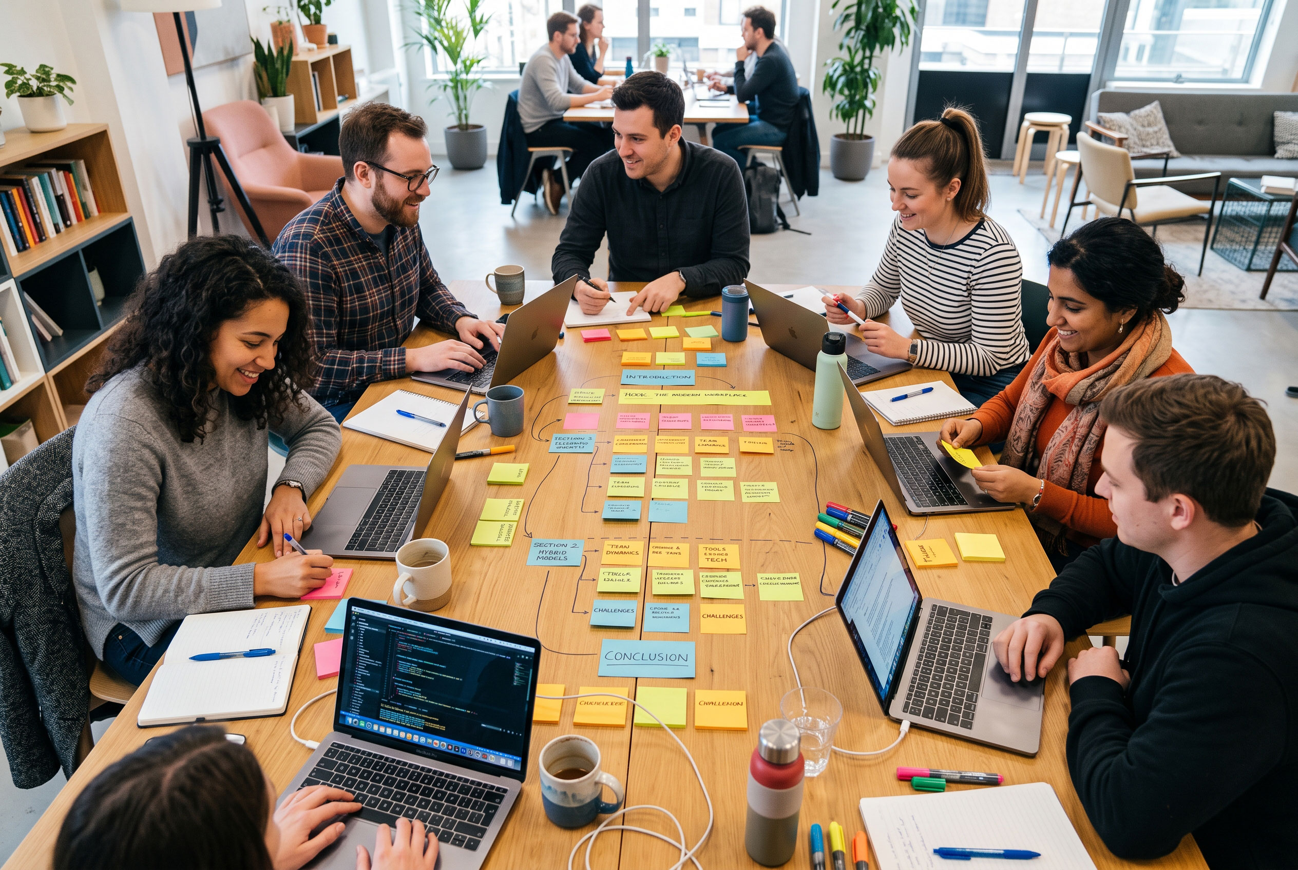 Team organizing an article outline with sticky notes during a content planning session