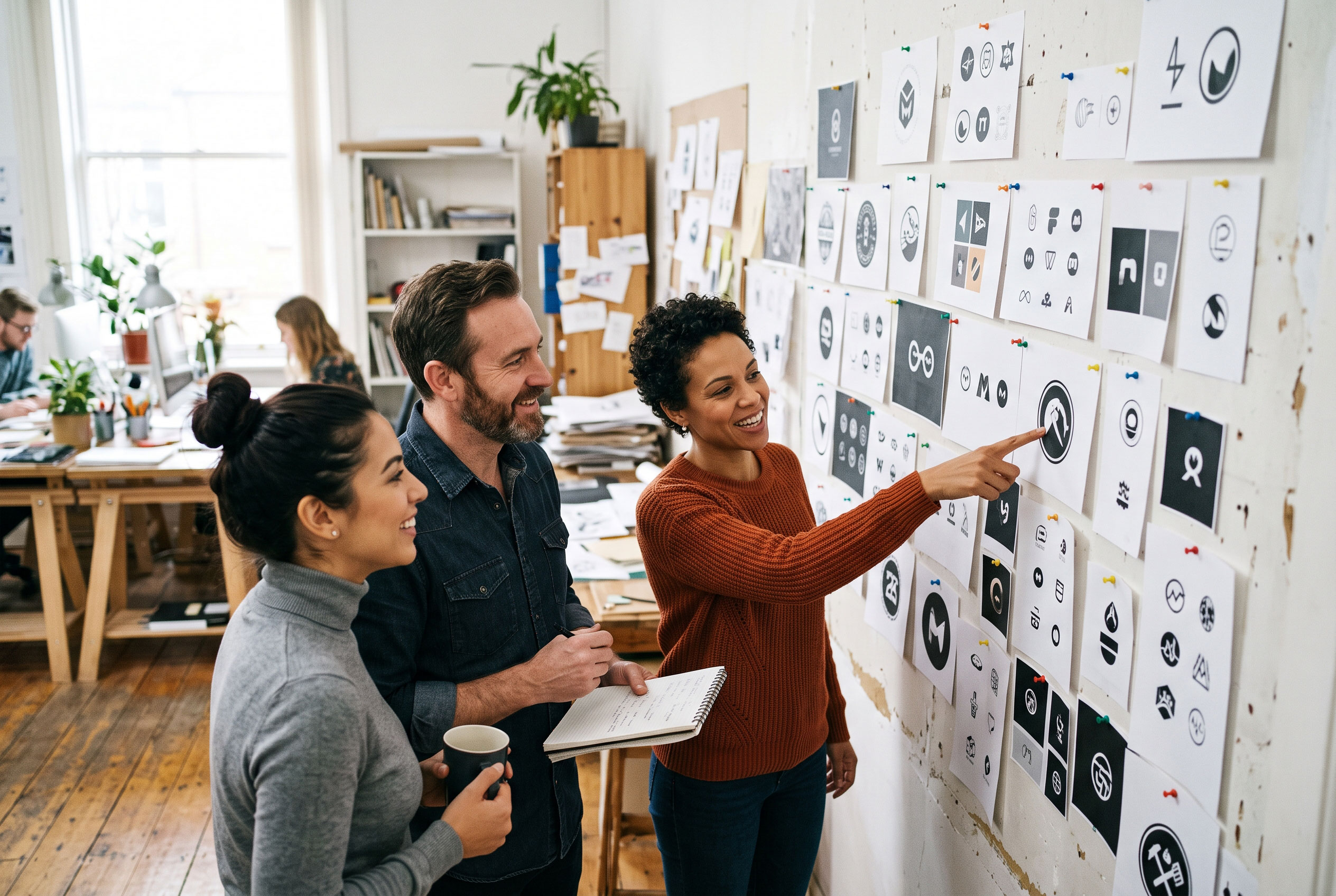Team reviewing printed logo options on a studio wall