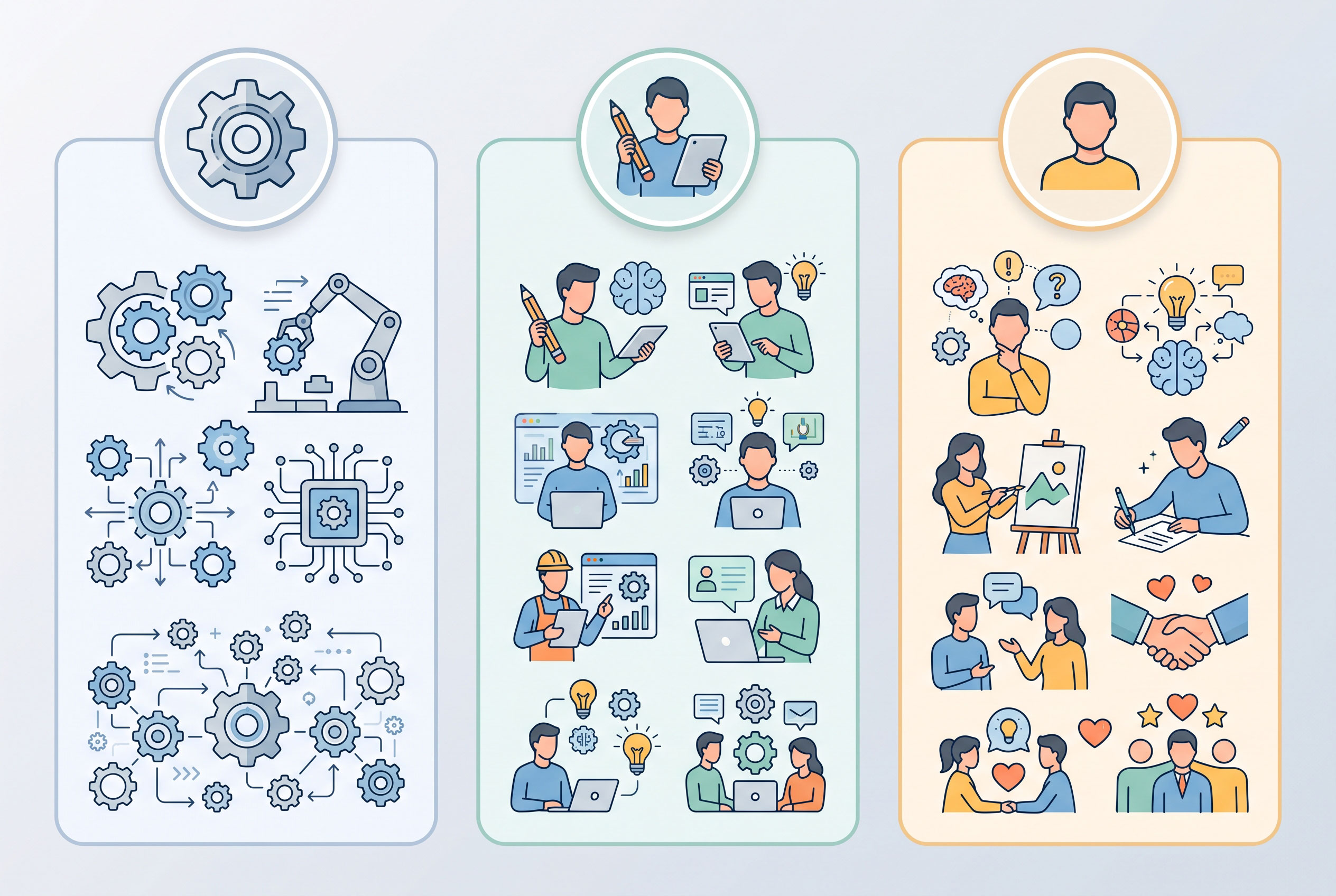 Three-column graphic showing tasks to automate, assist with AI, or keep human