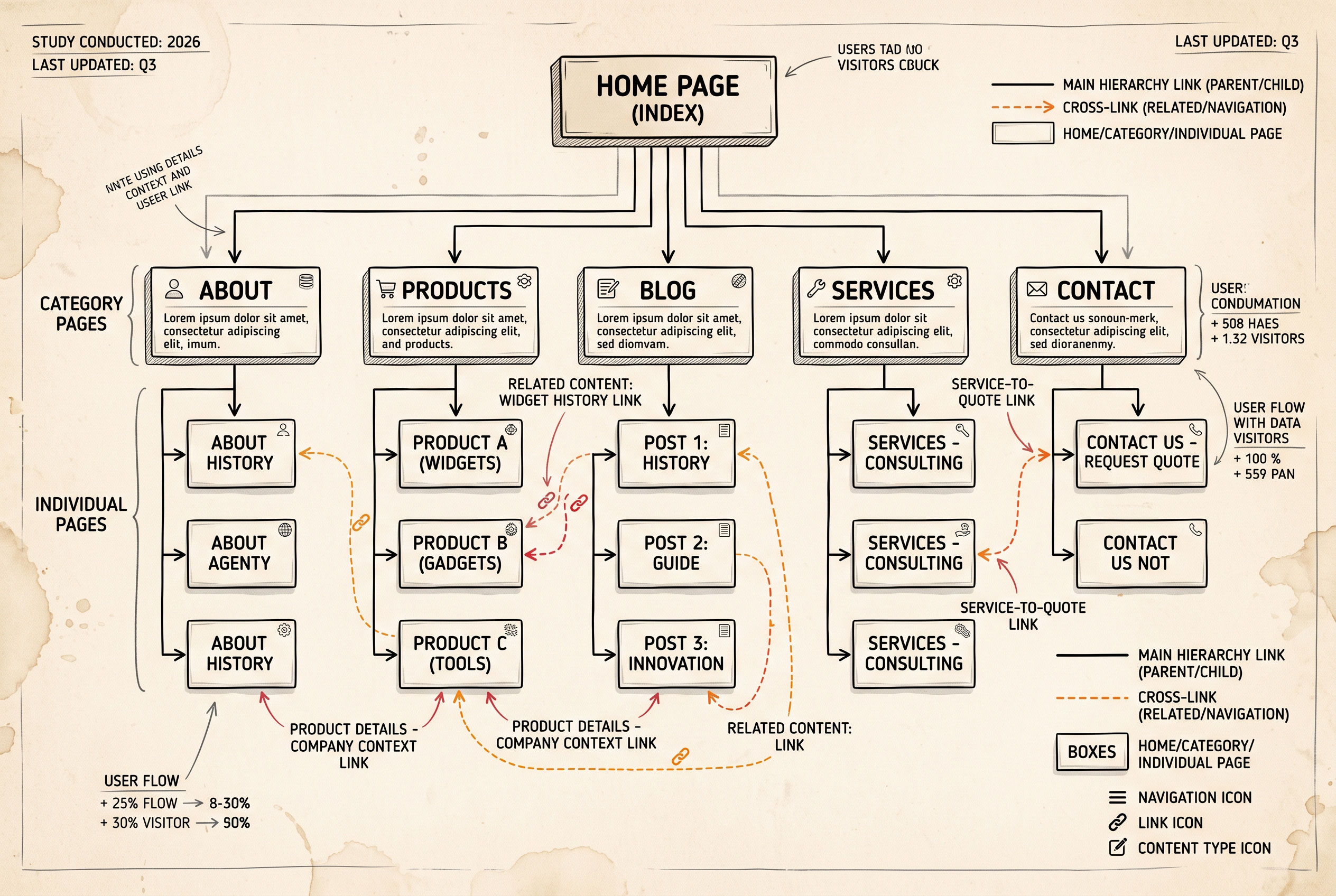 Tree diagram of a website with home, category, and article pages connected by links.